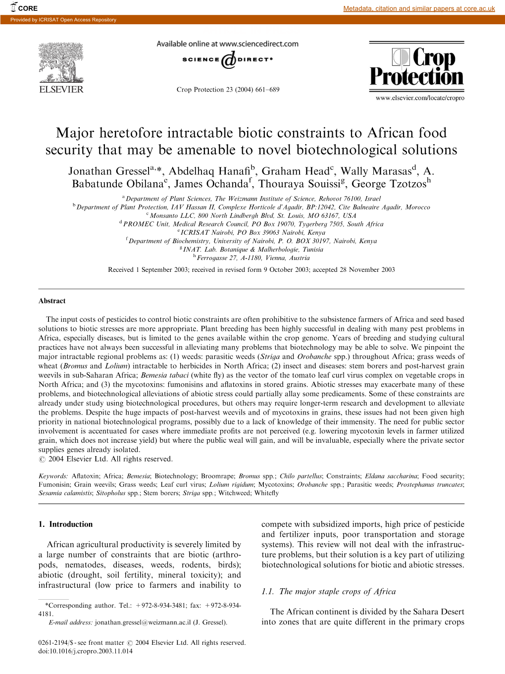 Major Heretofore Intractable Biotic Constraints to African Food Security
