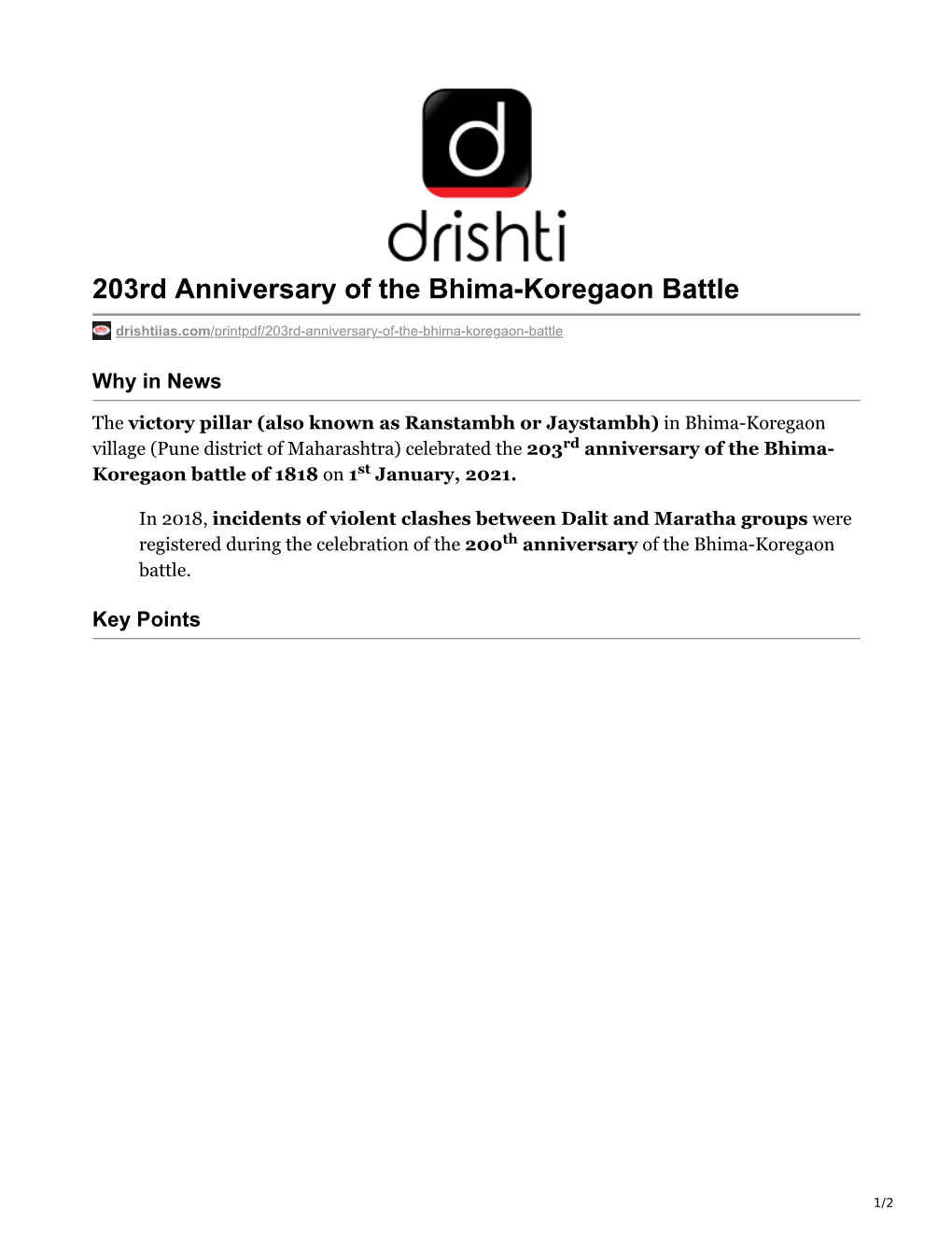 203Rd Anniversary of the Bhima-Koregaon Battle