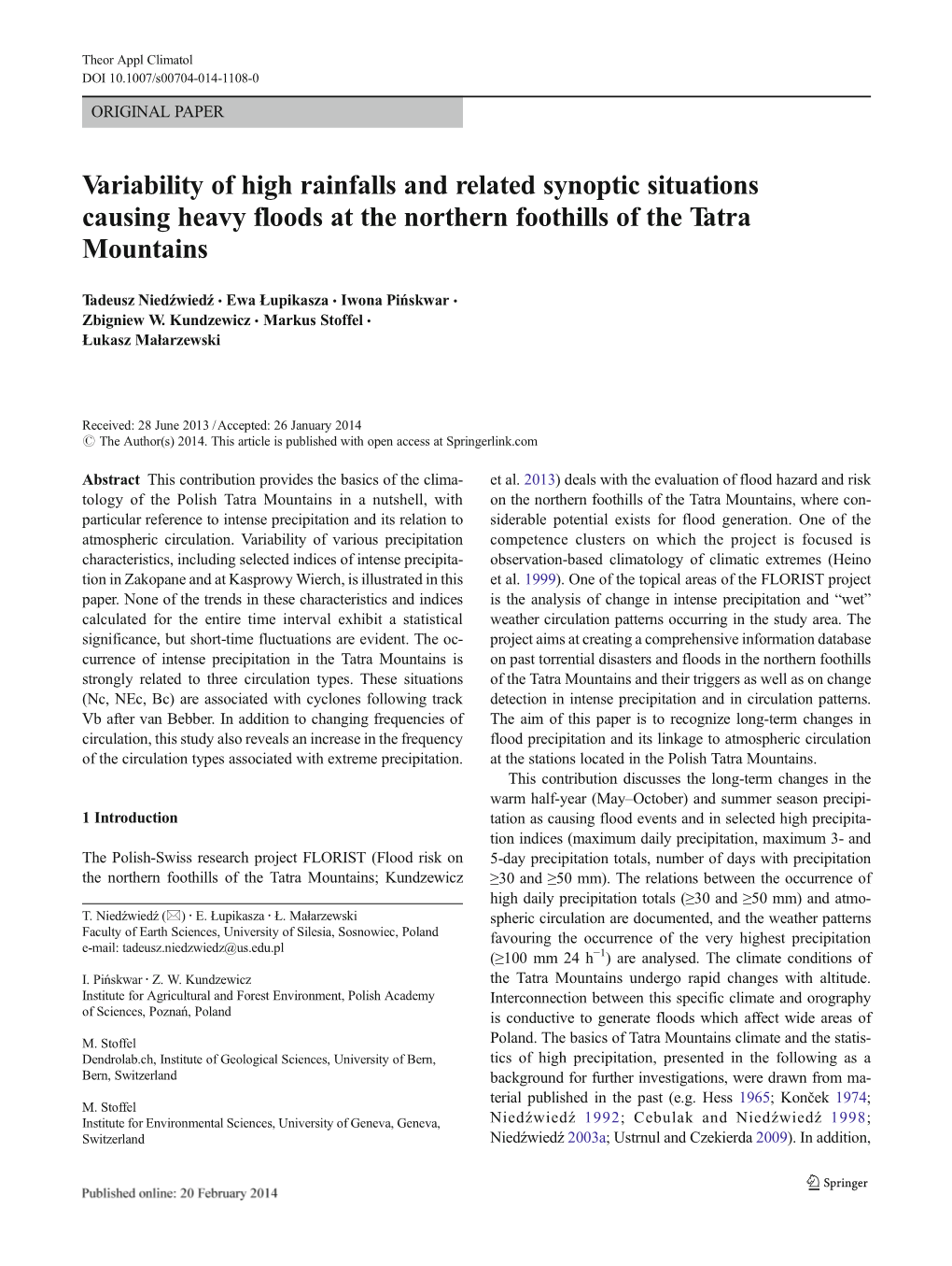 Variability of High Rainfalls and Related Synoptic Situations Causing Heavy Floods at the Northern Foothills of the Tatra Mountains