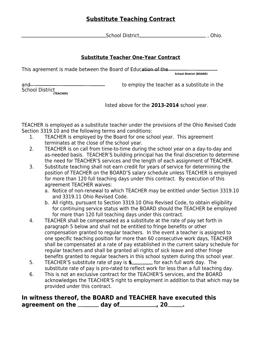 Substitute Teaching Contract