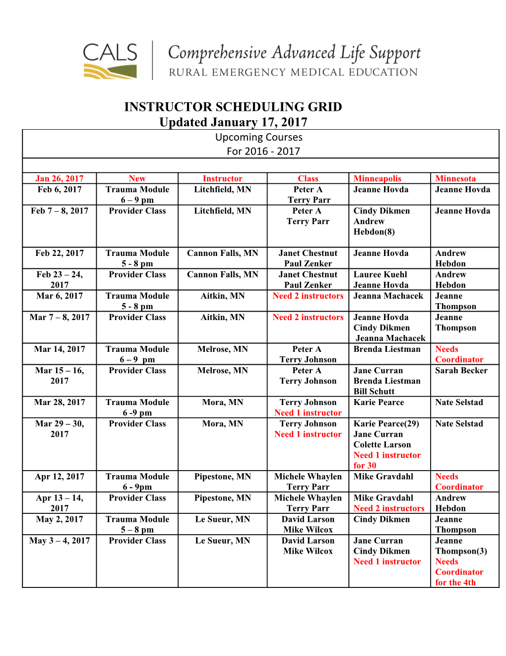 Instructor Scheduling Grid