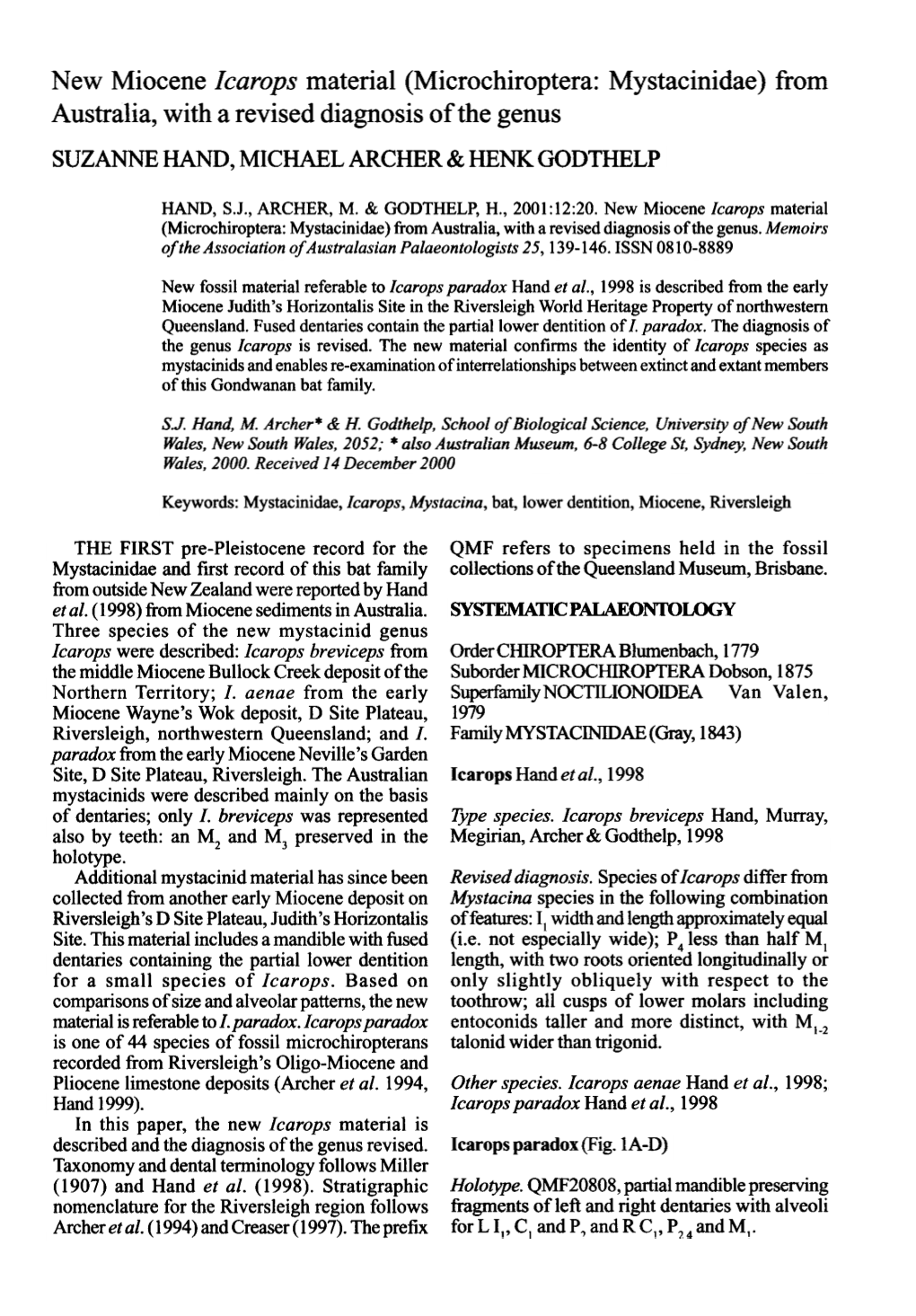 Microchiroptera: Mystacinidae) from Australia, with a Revised Diagnosis of the Genus