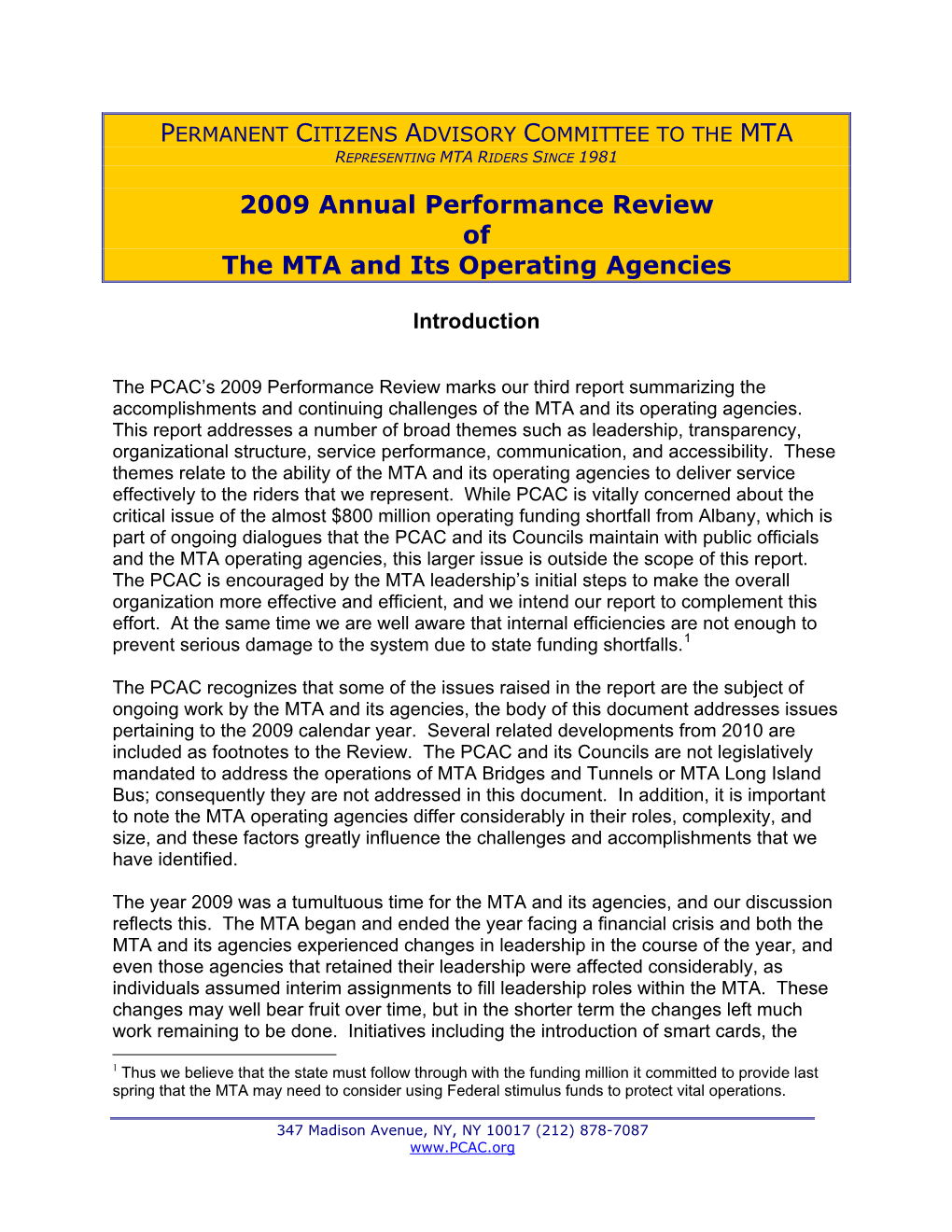 2009 MTA Annual Performance Review