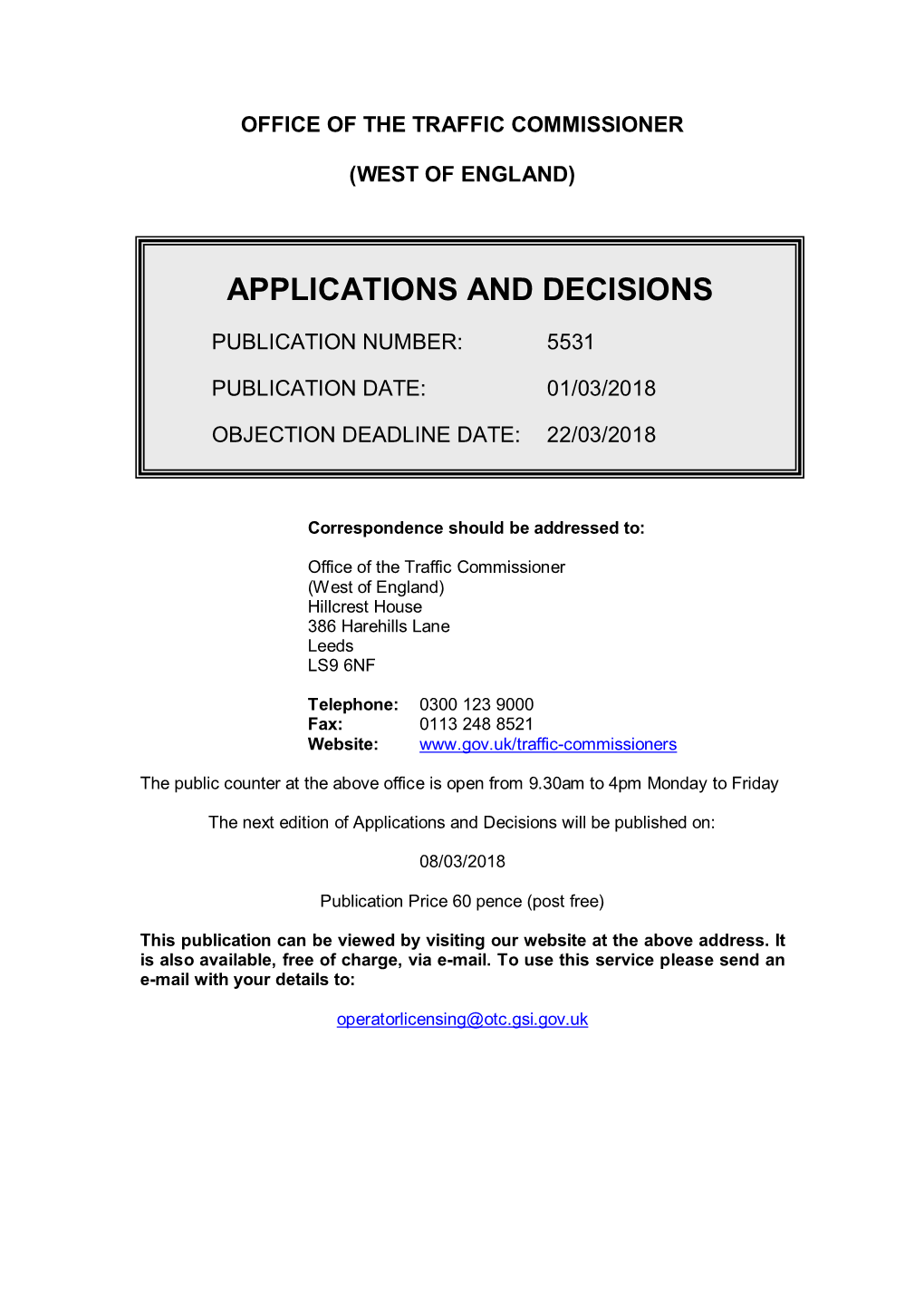 Applications and Decisions 5531: Office of the Traffic Commissioner