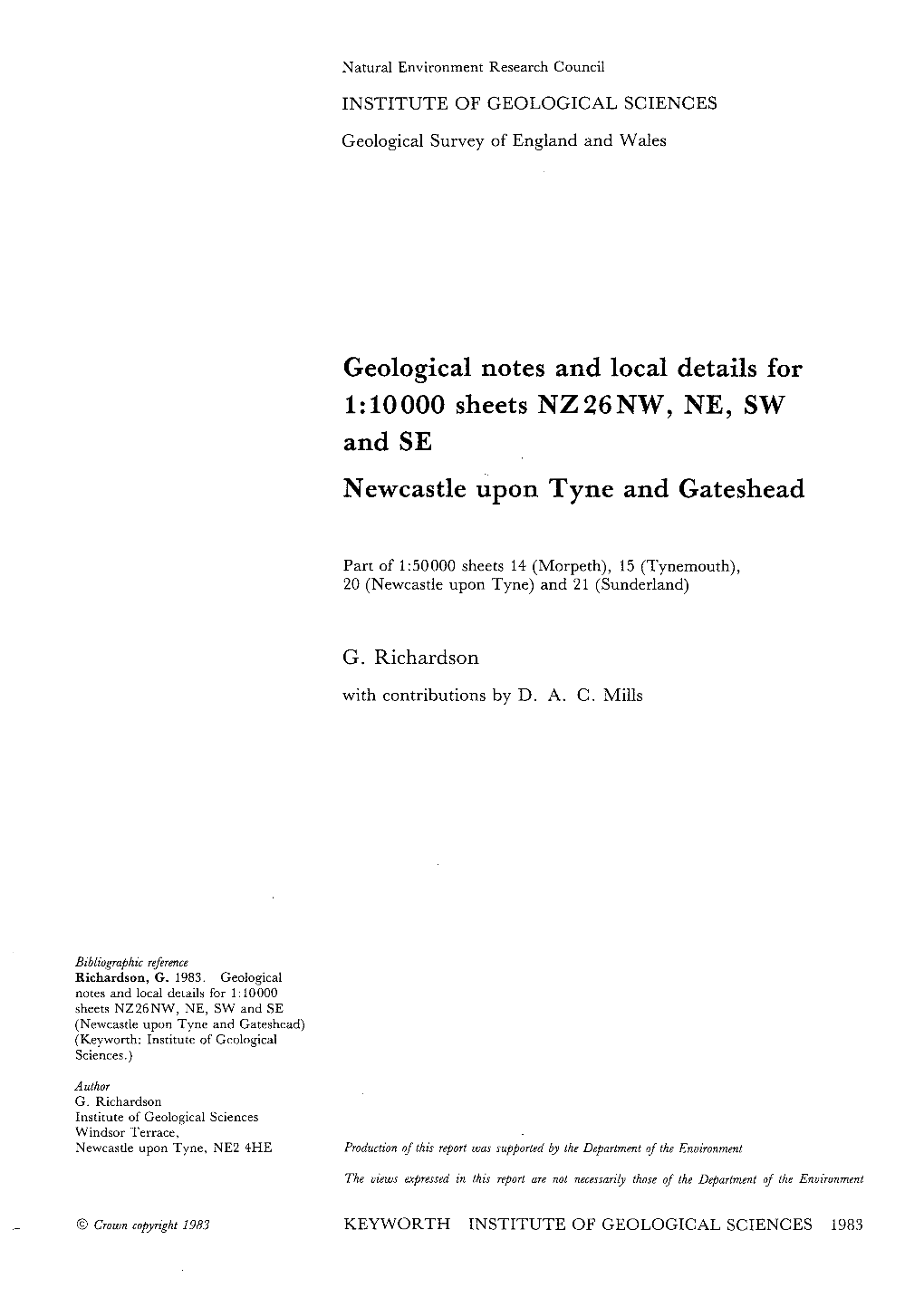 Geological Notes and Local Details for 1:Loooo Sheets NZ26NW, NE, SW and SE Newcastle Upon Tyne and Gateshead