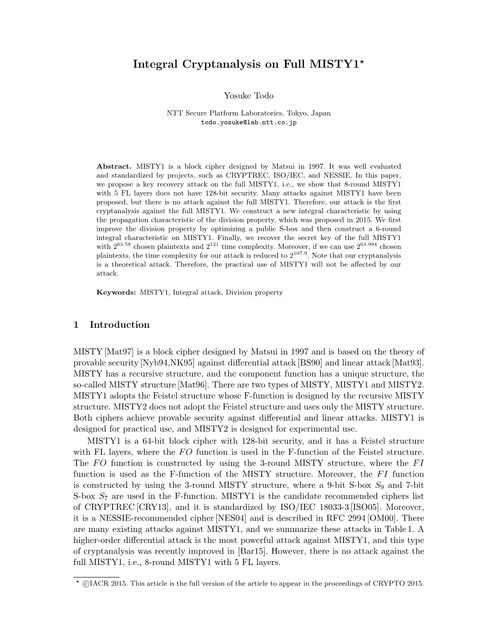 Integral Cryptanalysis on Full MISTY1⋆