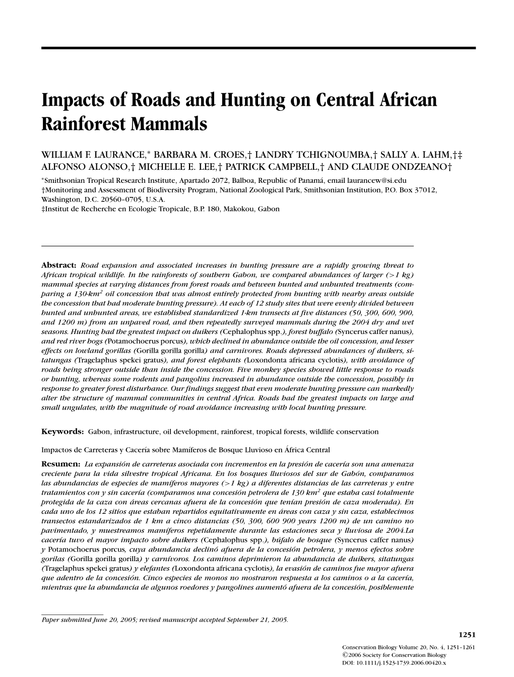 Impacts of Roads and Hunting on Central African Rainforest Mammals