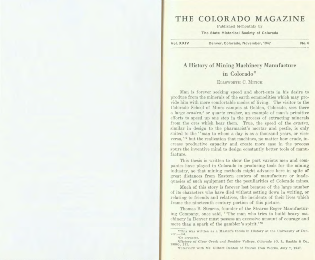 THE COLORADO MAGAZINE Published Bi-Monthly by the State Historical Society of Colorado