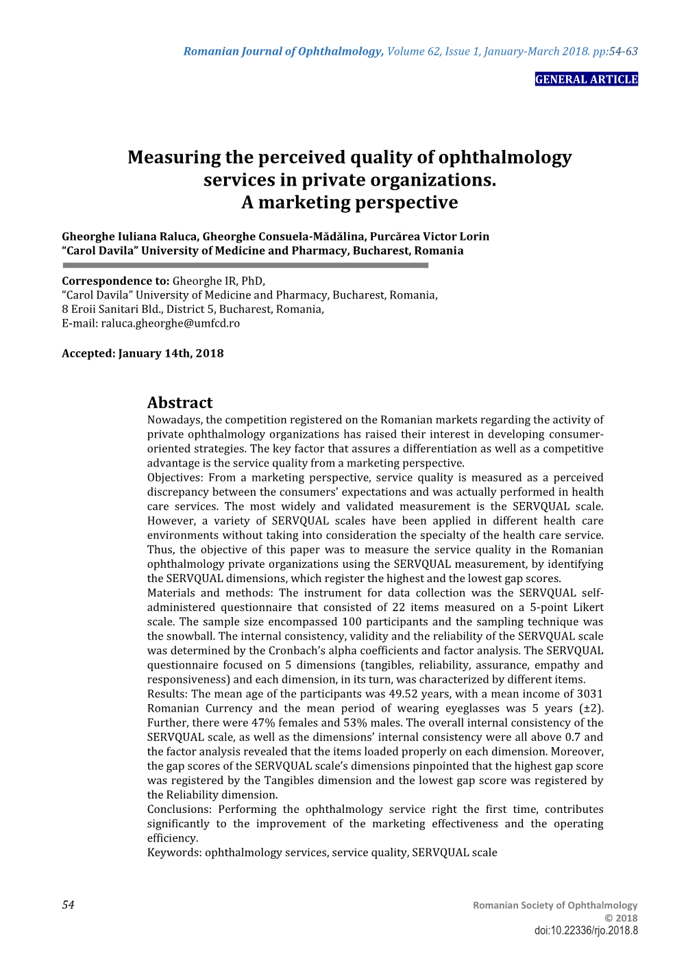 Measuring the Perceived Quality of Ophthalmology Services in Private Organizations. a Marketing Perspective