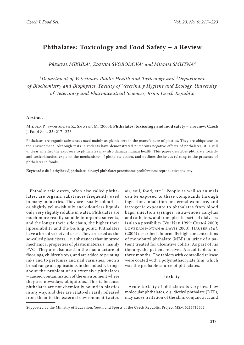 Phthalates: Toxicology and Food Safety – a Review