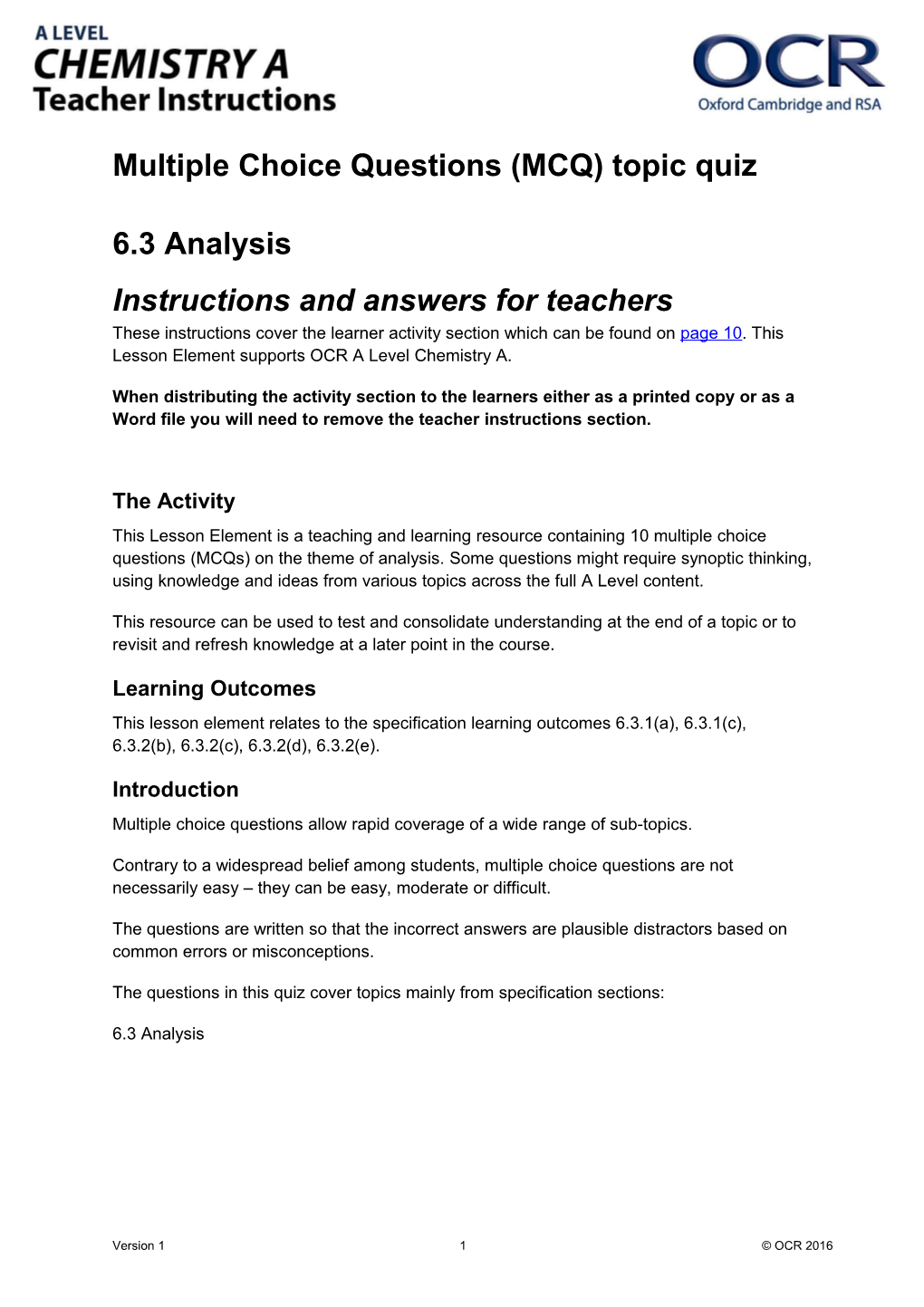 OCR a Level Chemistry a Multiple Choice Question Quiz (6.3 Analysis)