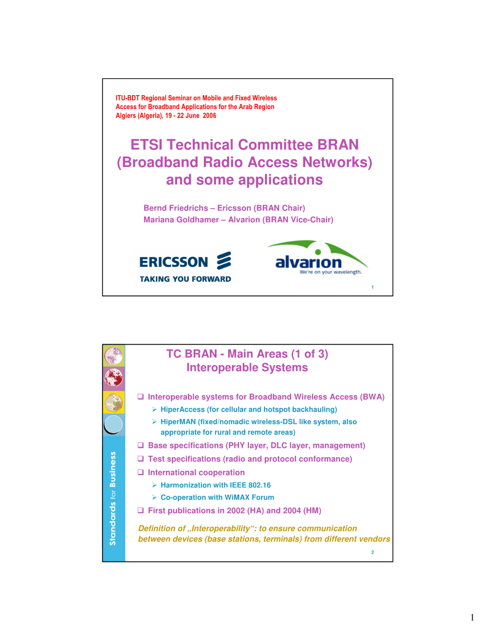 ETSI Technical Committee BRAN (Broadband Radio Access Networks) and Some Applications