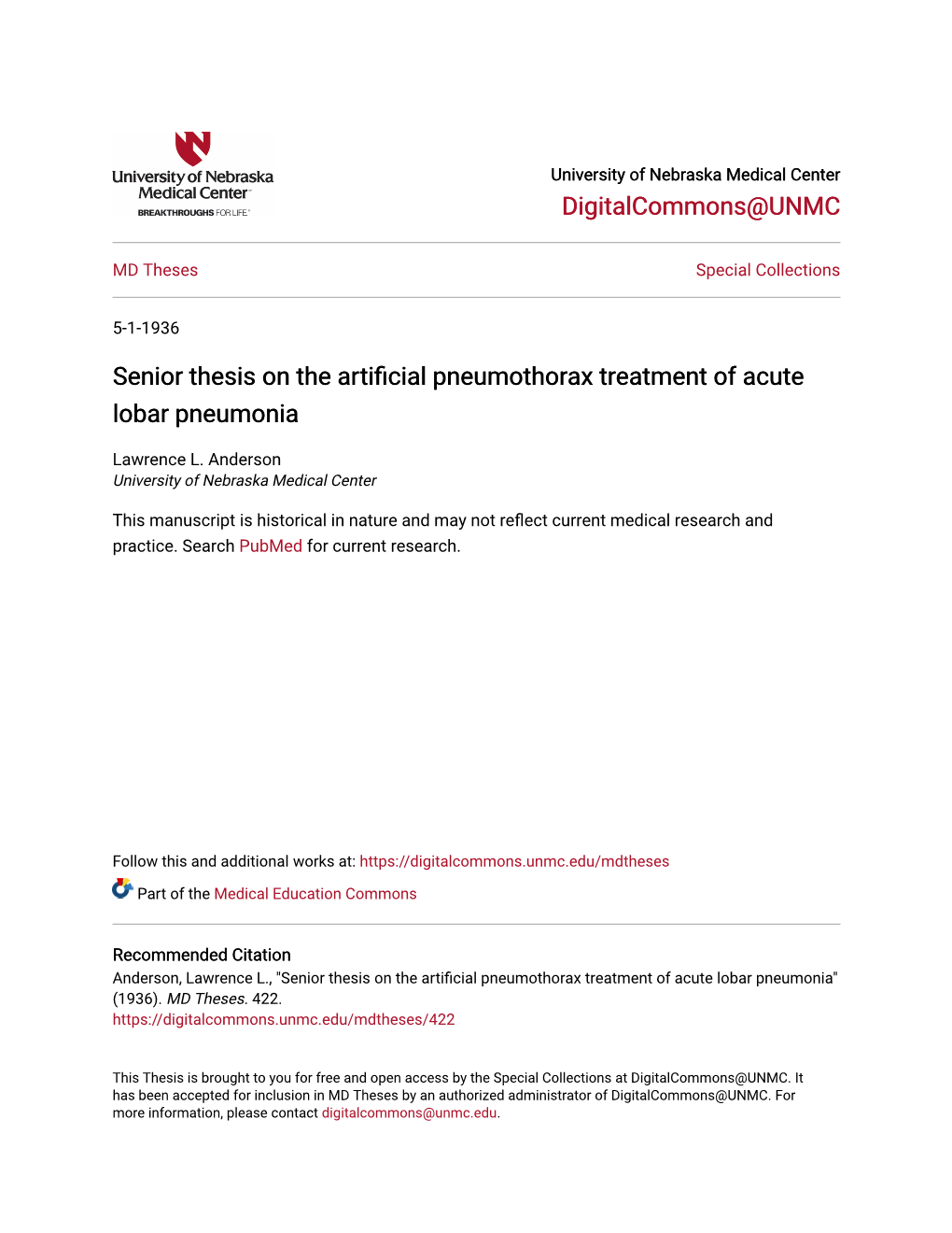 Senior Thesis on the Artificial Pneumothorax Treatment of Acute Lobar Pneumonia