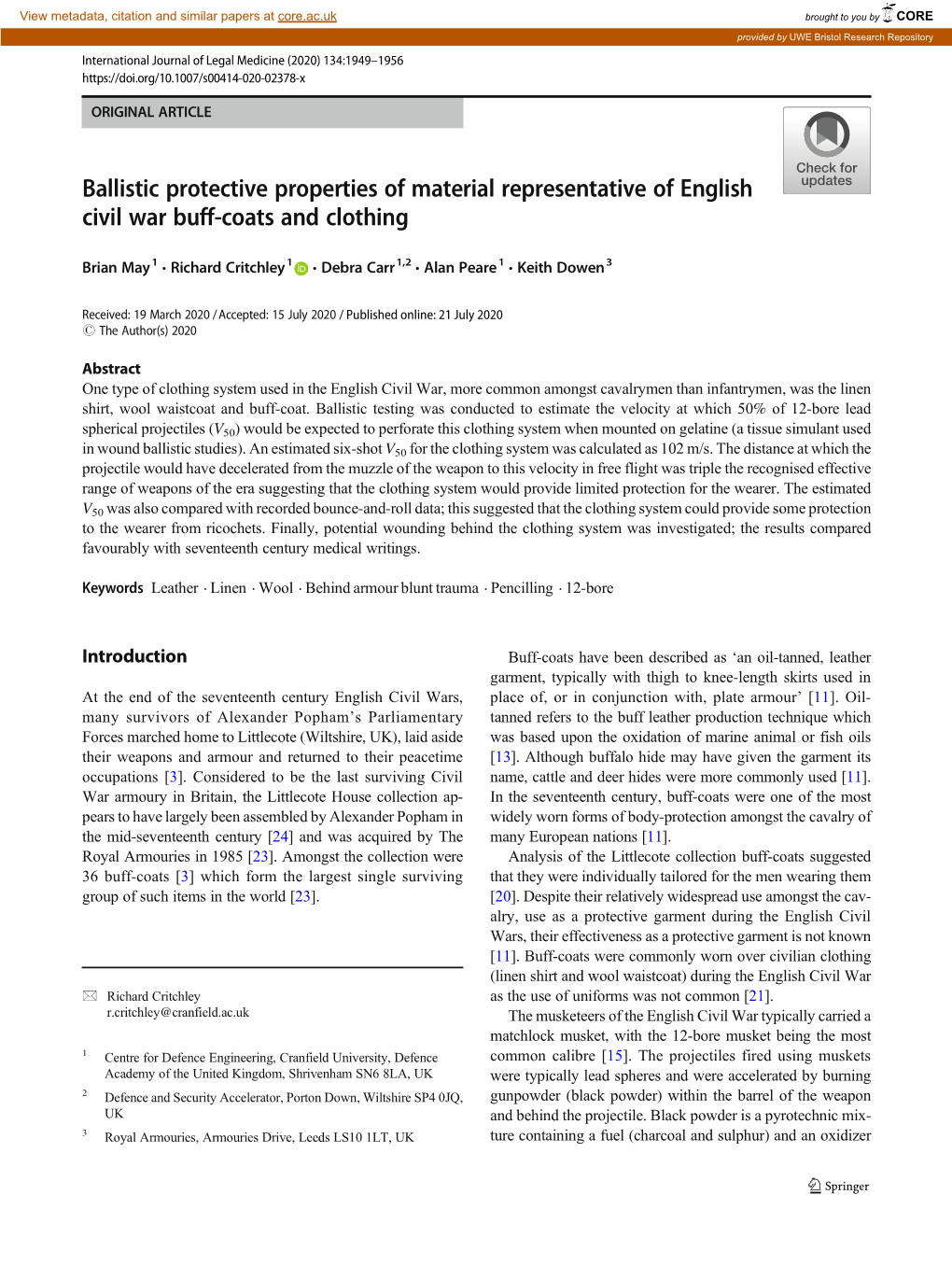 Ballistic Protective Properties of Material Representative of English Civil War Buff-Coats and Clothing