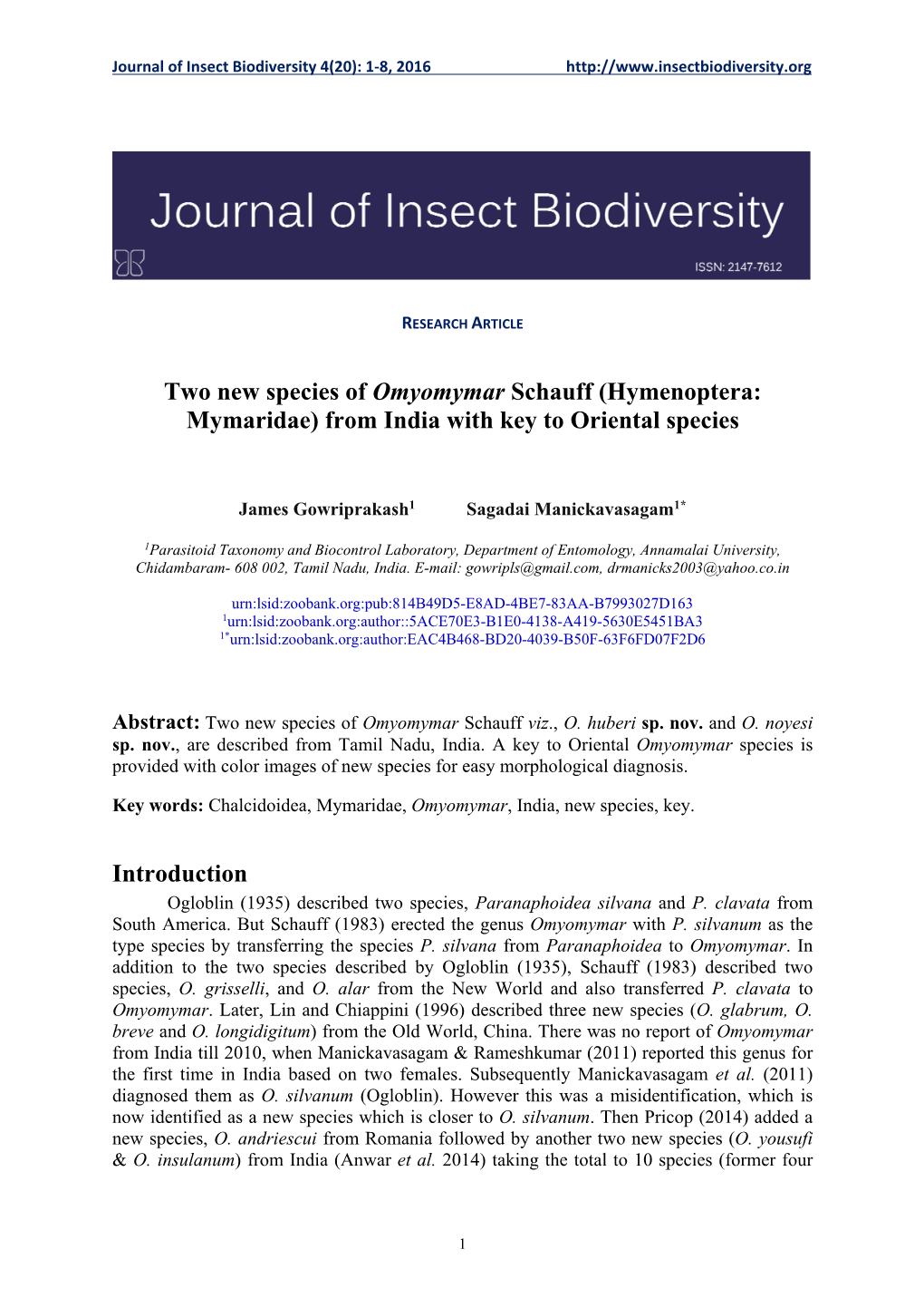 Hymenoptera: Mymaridae) from India with Key to Oriental Species