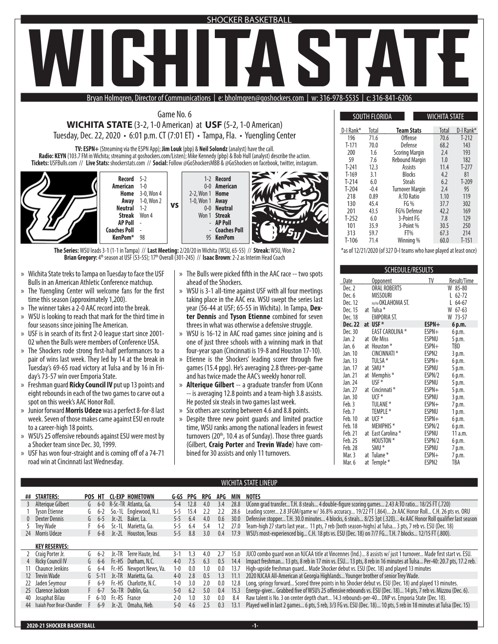 Game No. 6 WICHITA STATE(3-2, 1-0 American) at USF(5-2, 1-0