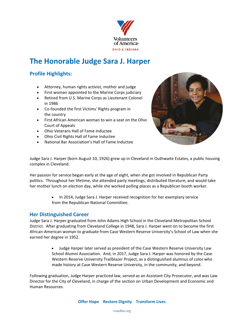 The Honorable Judge Sara J. Harper Profile Highlights