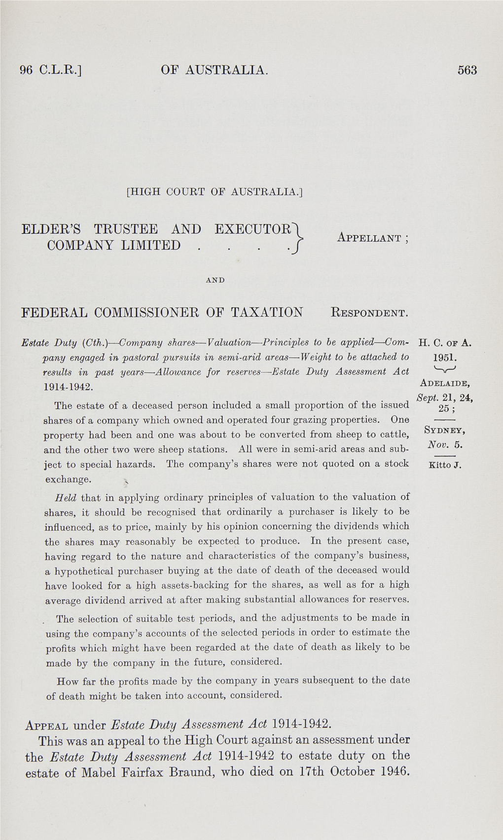 96 C.L.R.] of Australia. 563 Elder's Trustee And