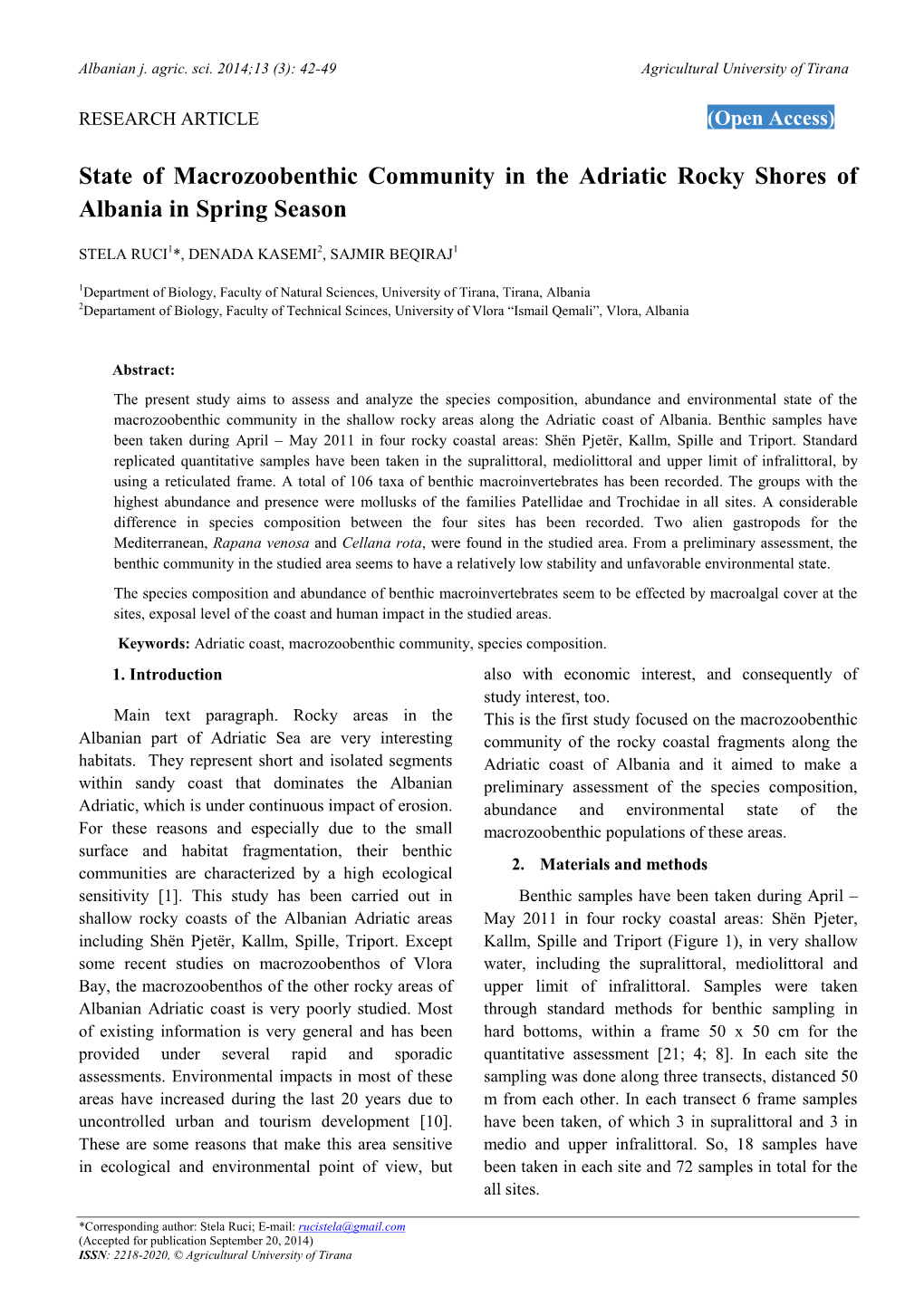 State of Macrozoobenthic Community in the Adriatic Rocky Shores of Albania in Spring Season