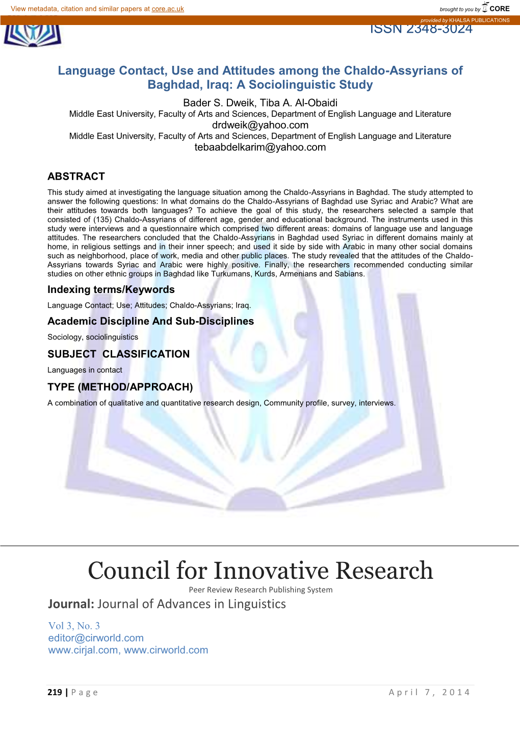 Council for Innovative Research Peer Review Research Publishing System Journal: Journal of Advances in Linguistics Vol 3, No