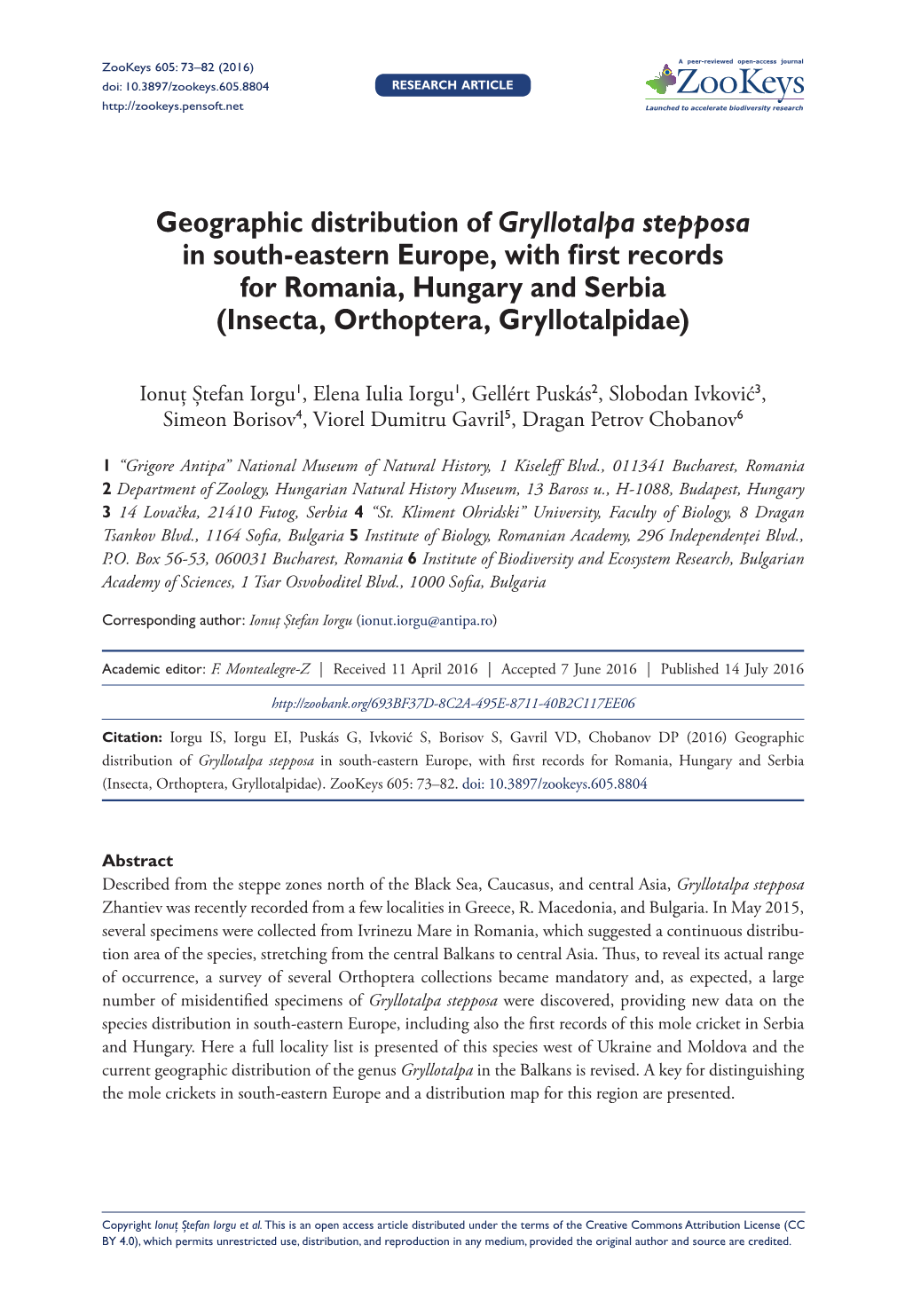 Geographic Distribution of Gryllotalpa Stepposa in South-Eastern Europe, with First Records for Romania, Hungary and Serbia (Insecta, Orthoptera, Gryllotalpidae)