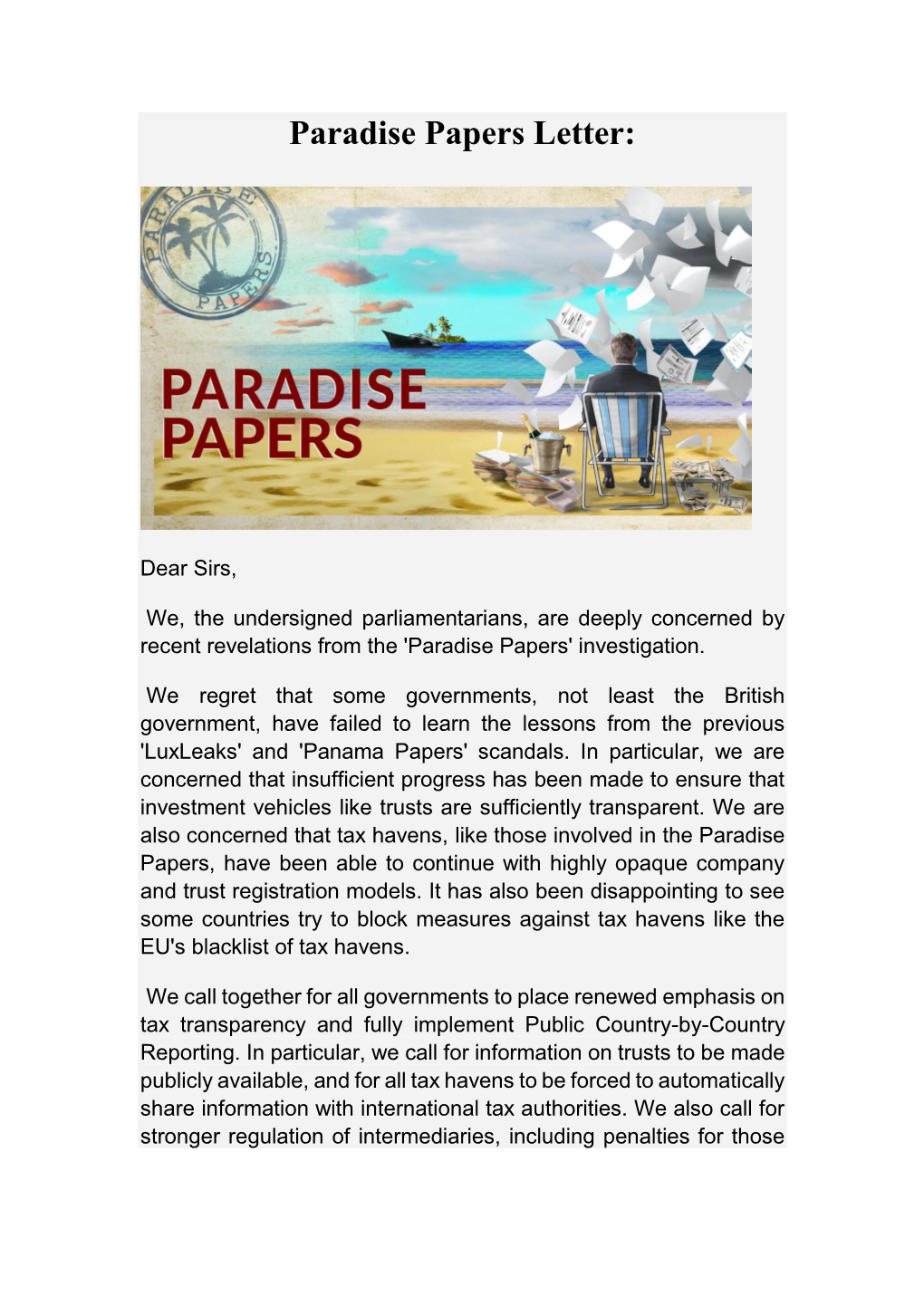 Paradise Papers Letter