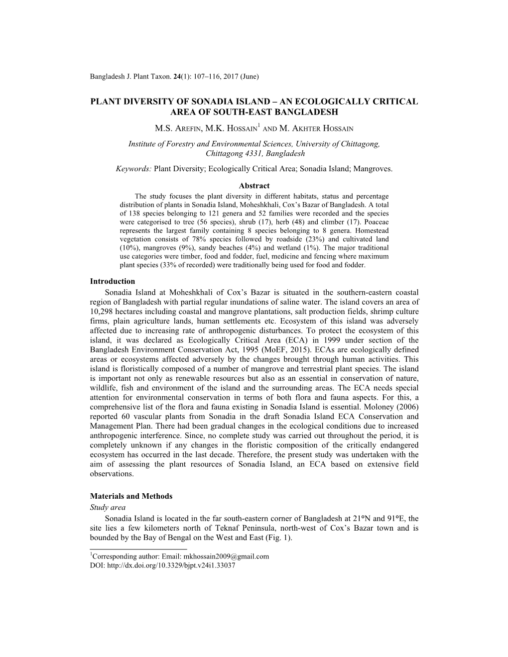 Plant Diversity of Sonadia Island – an Ecologically Critical Area of South-East Bangladesh 1 M.S