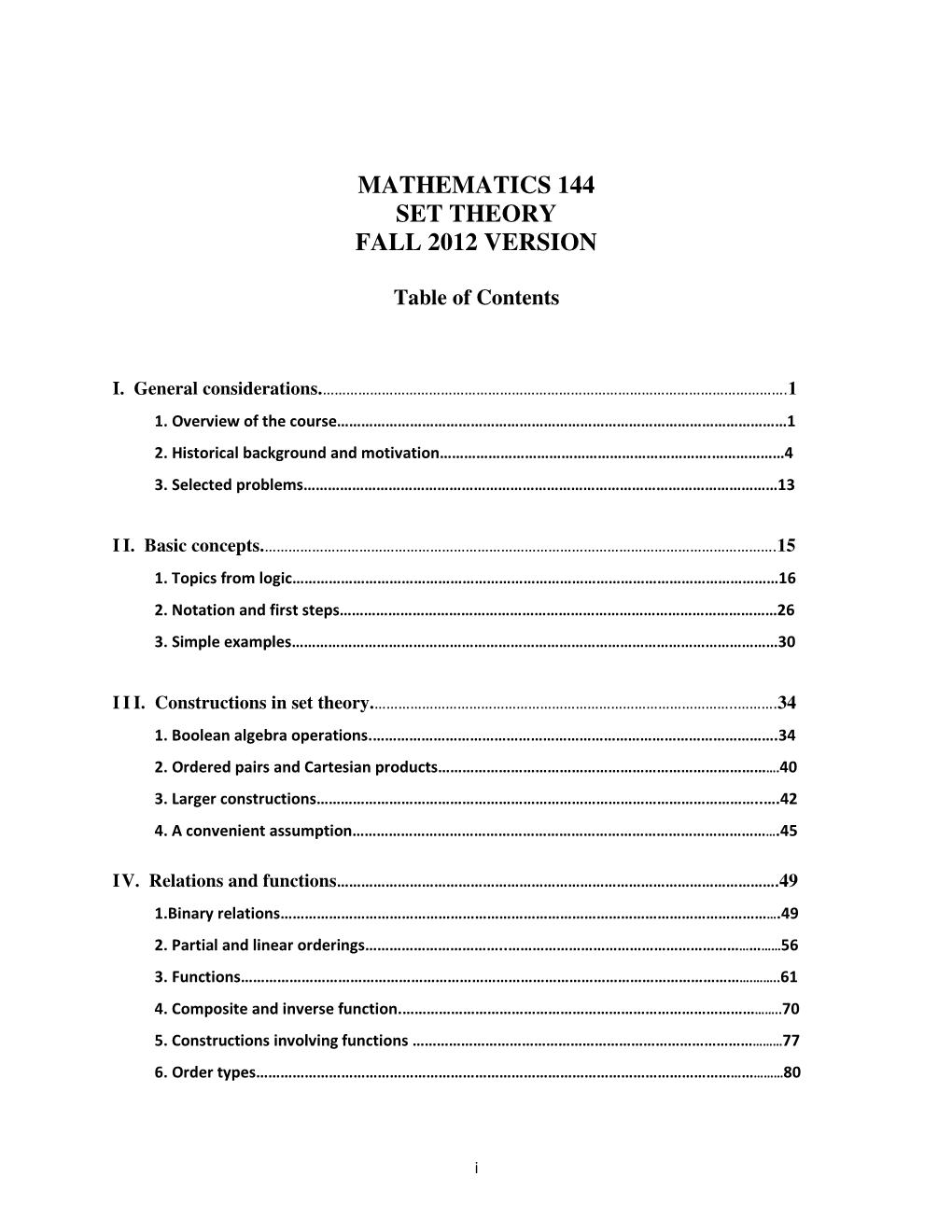 Mathematics 144 Set Theory Fall 2012 Version