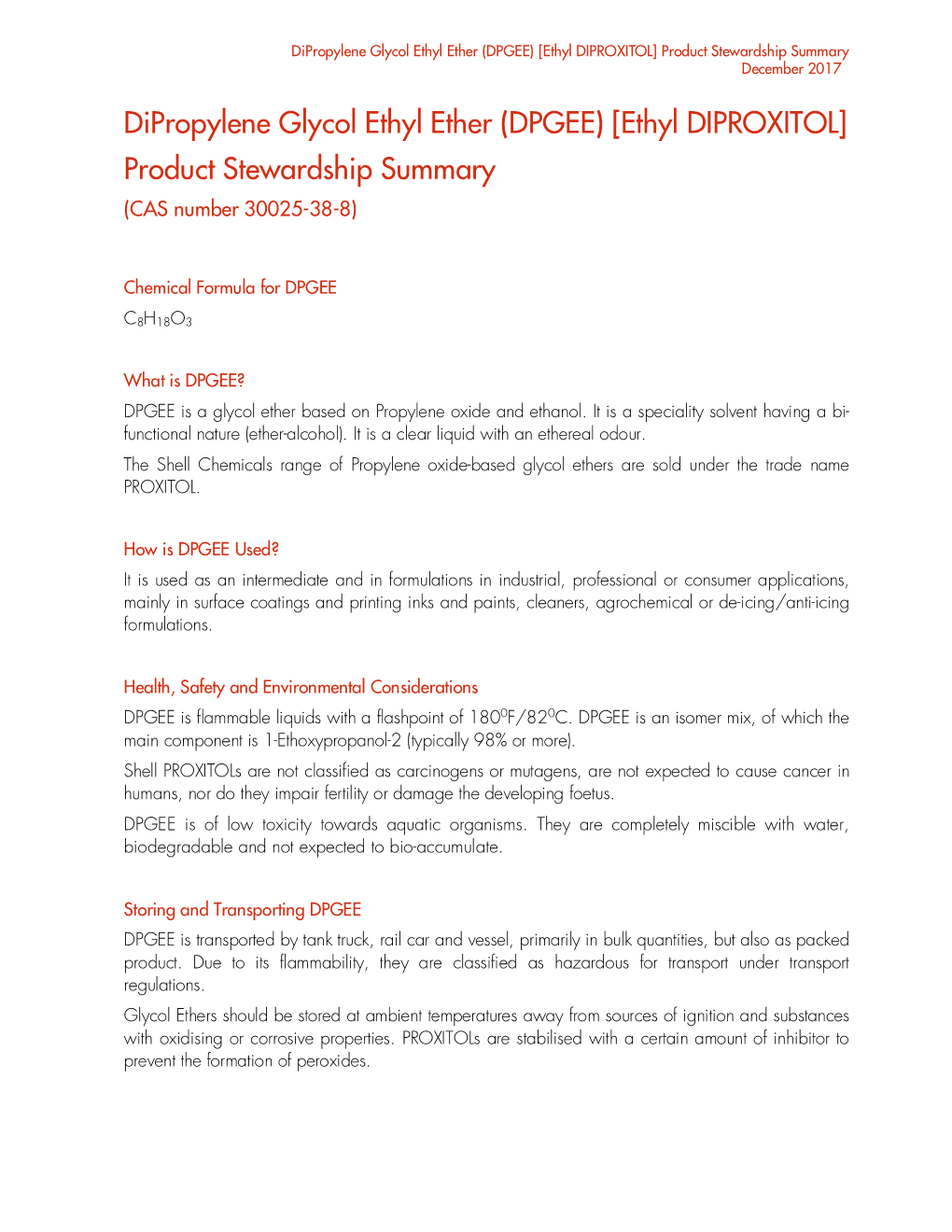 Dipropylene Glycol Ethyl Ether (DPGEE) [Ethyl DIPROXITOL] Product Stewardship Summary December 2017