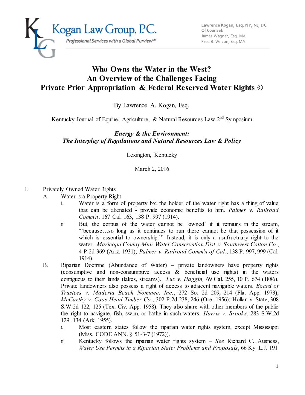 Who Owns the Water in the West? an Overview of the Challenges Facing Private Prior Appropriation & Federal Reserved Water Ri