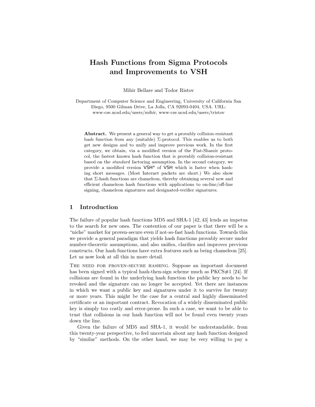 Hash Functions from Sigma Protocols and Improvements to VSH