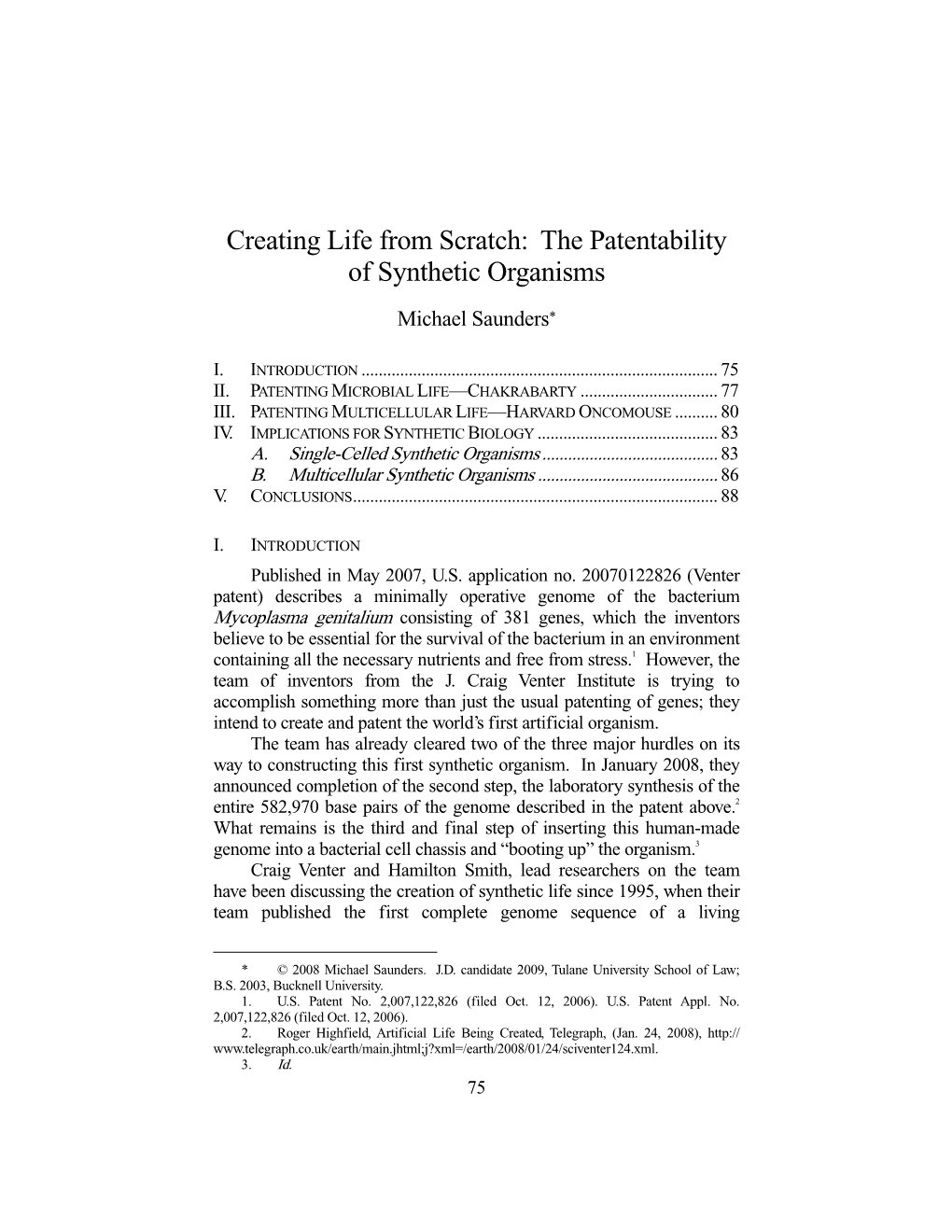 The Patentability of Synthetic Organisms