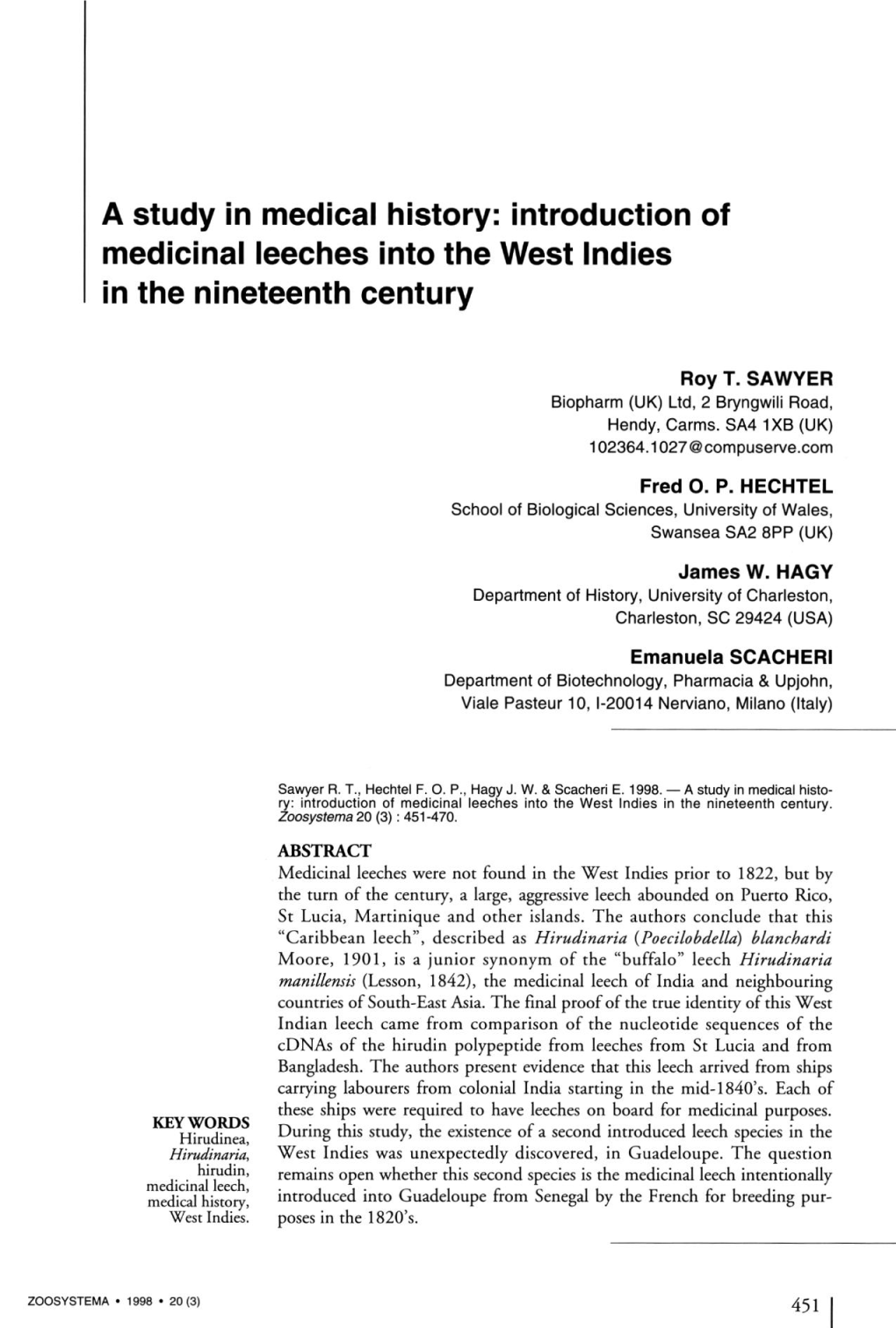 Introduction of Médicinal Leeches Into the West Indies in the Nineteenth Century