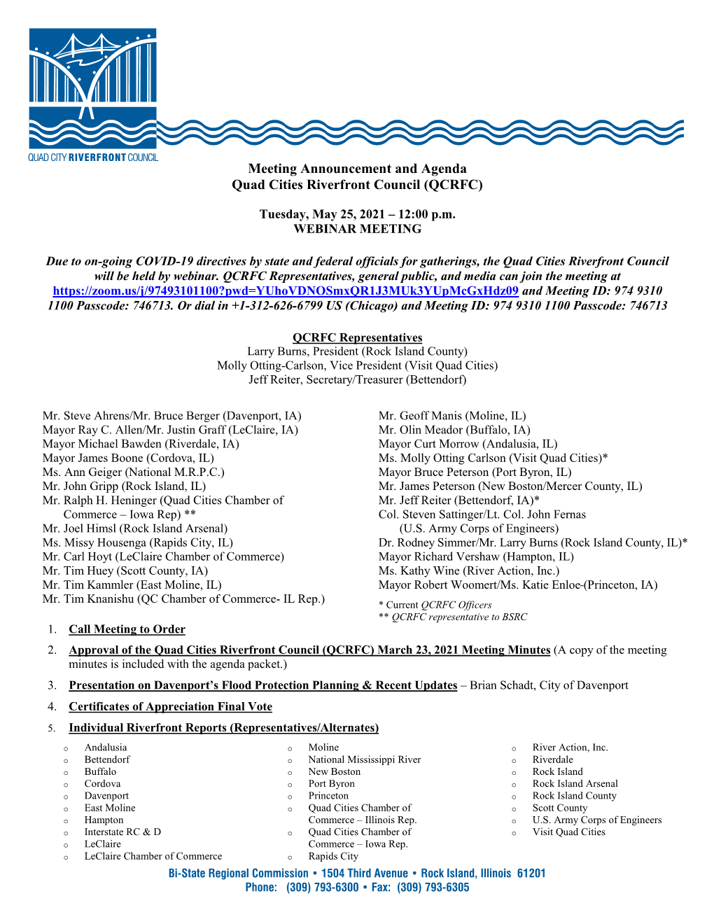 Quad Cities Riverfront Council Meeting Agenda, May 25, 2021