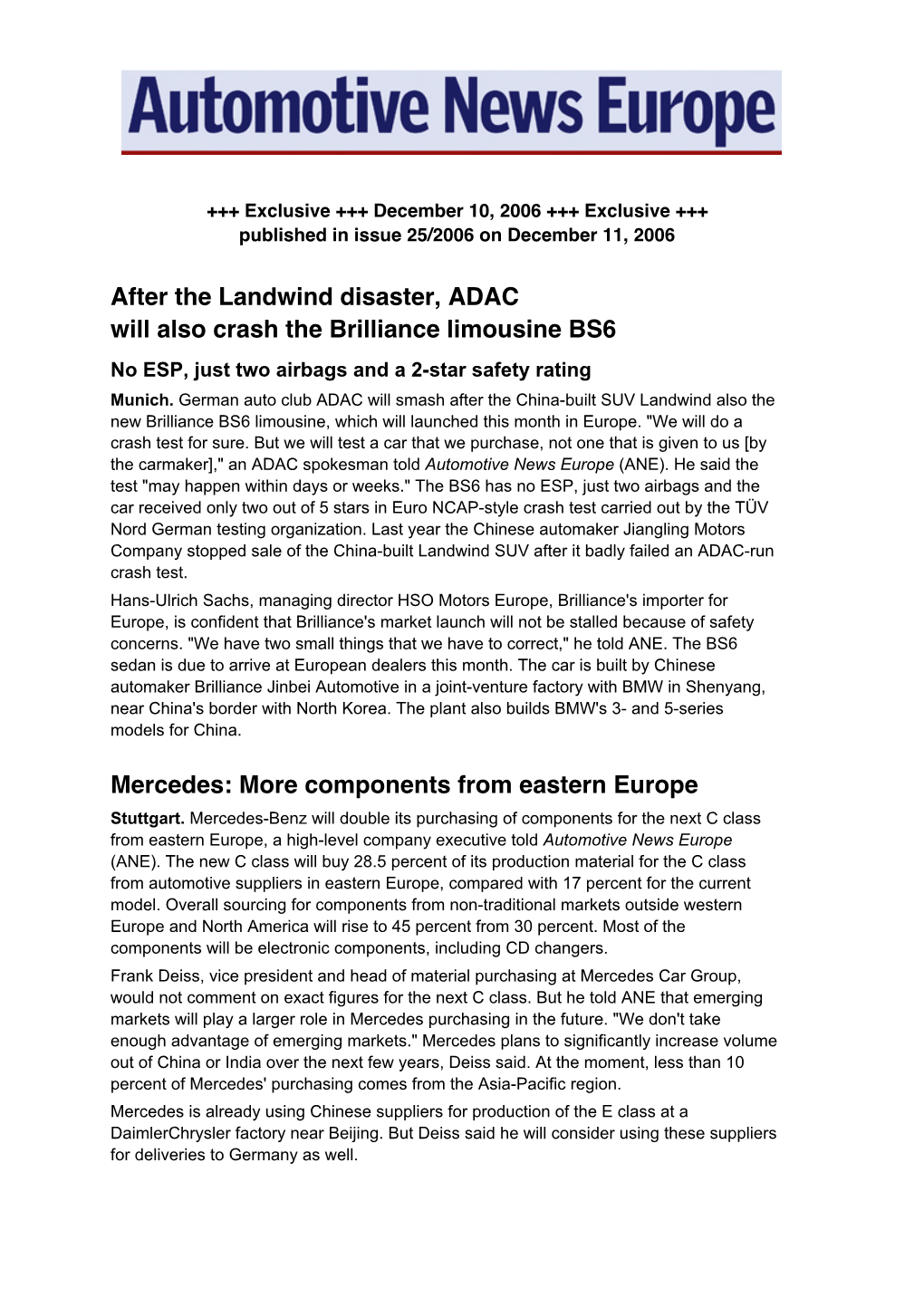 After the Landwind Disaster, ADAC Will Also Crash the Brilliance Limousine BS6 No ESP, Just Two Airbags and a 2-Star Safety Rating Munich