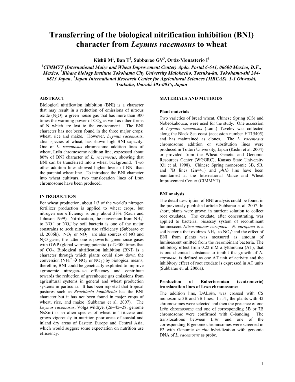 Transferring of the Biological Nitrification Inhibition (BNI) Character from Leymus Racemosus to Wheat