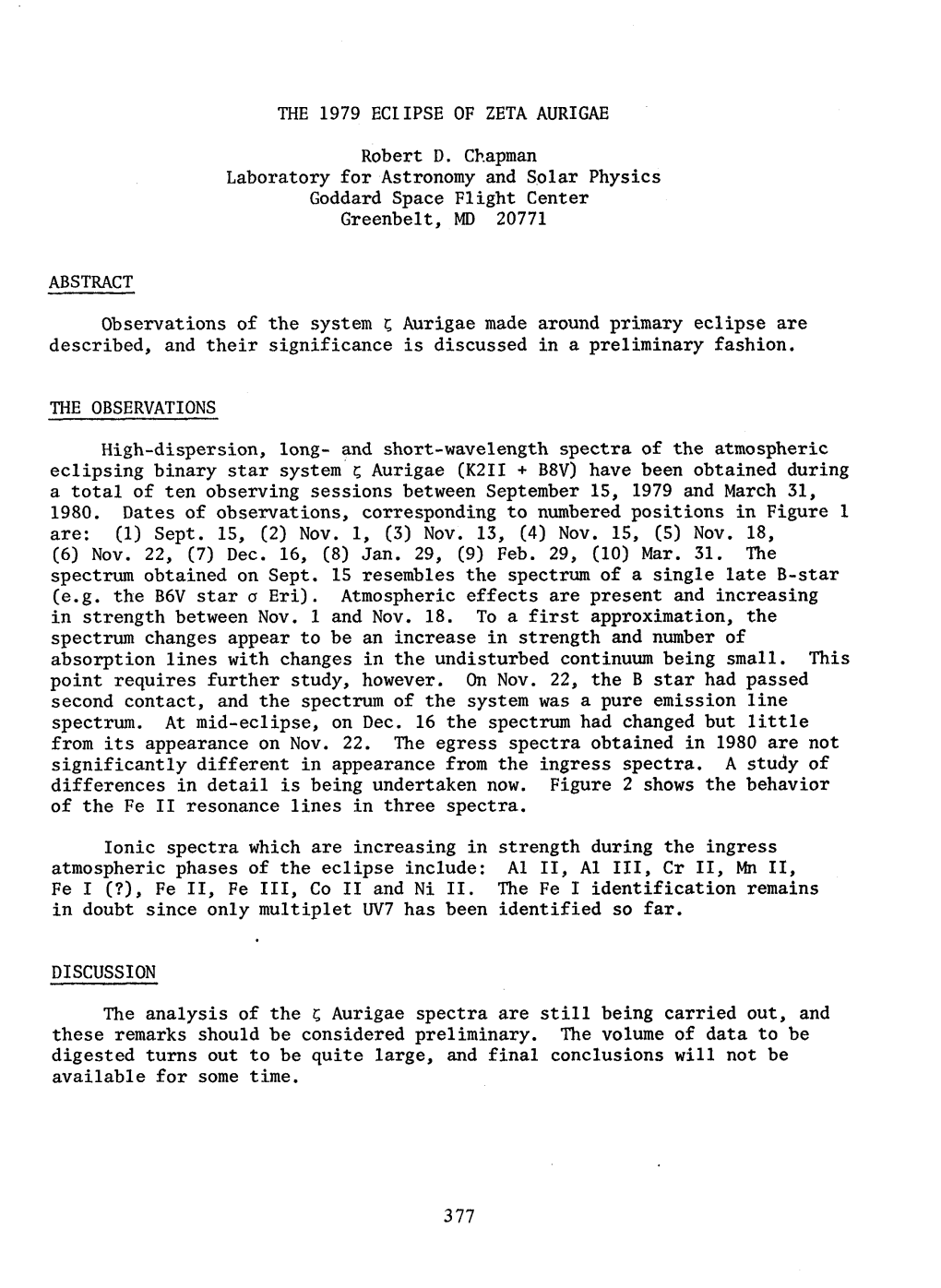 THE 1979 ECLIPSE of ZETA AURIGAE Robert D. Chapman