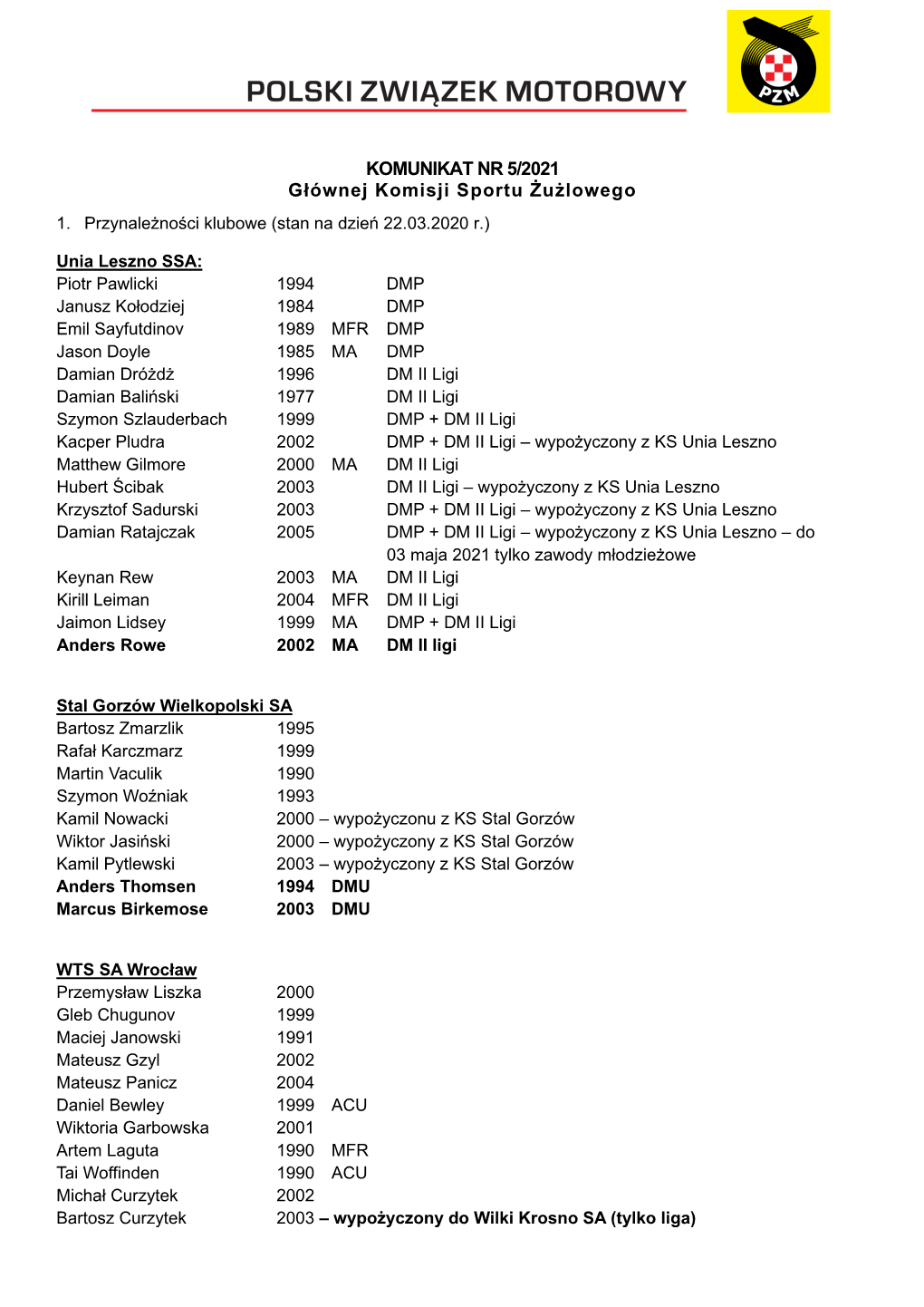 KOMUNIKAT NR 5/2021 Głównej Komisji Sportu Żużlowego 1