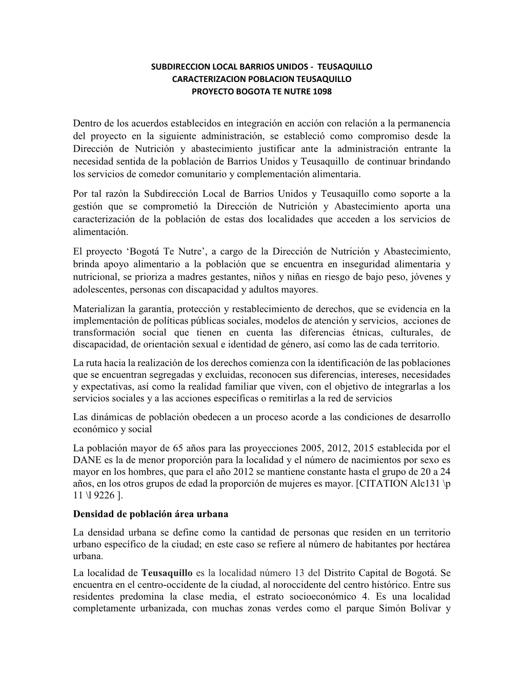 Subdireccion Local Barrios Unidos - Teusaquillo Caracterizacion Poblacion Teusaquillo Proyecto Bogota Te Nutre 1098