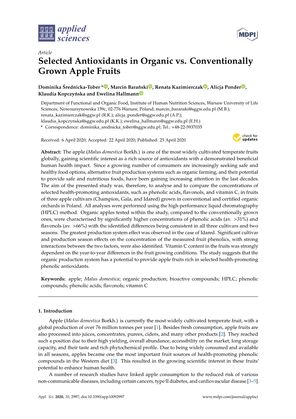 Selected Antioxidants in Organic Vs. Conventionally Grown Apple Fruits