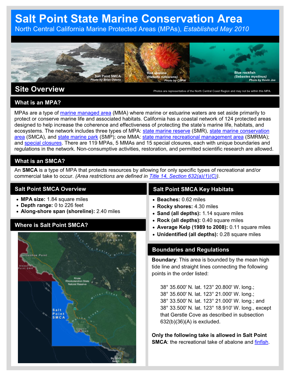 Salt Point State Marine Conservation Area North Central California Marine Protected Areas (Mpas), Established May 2010