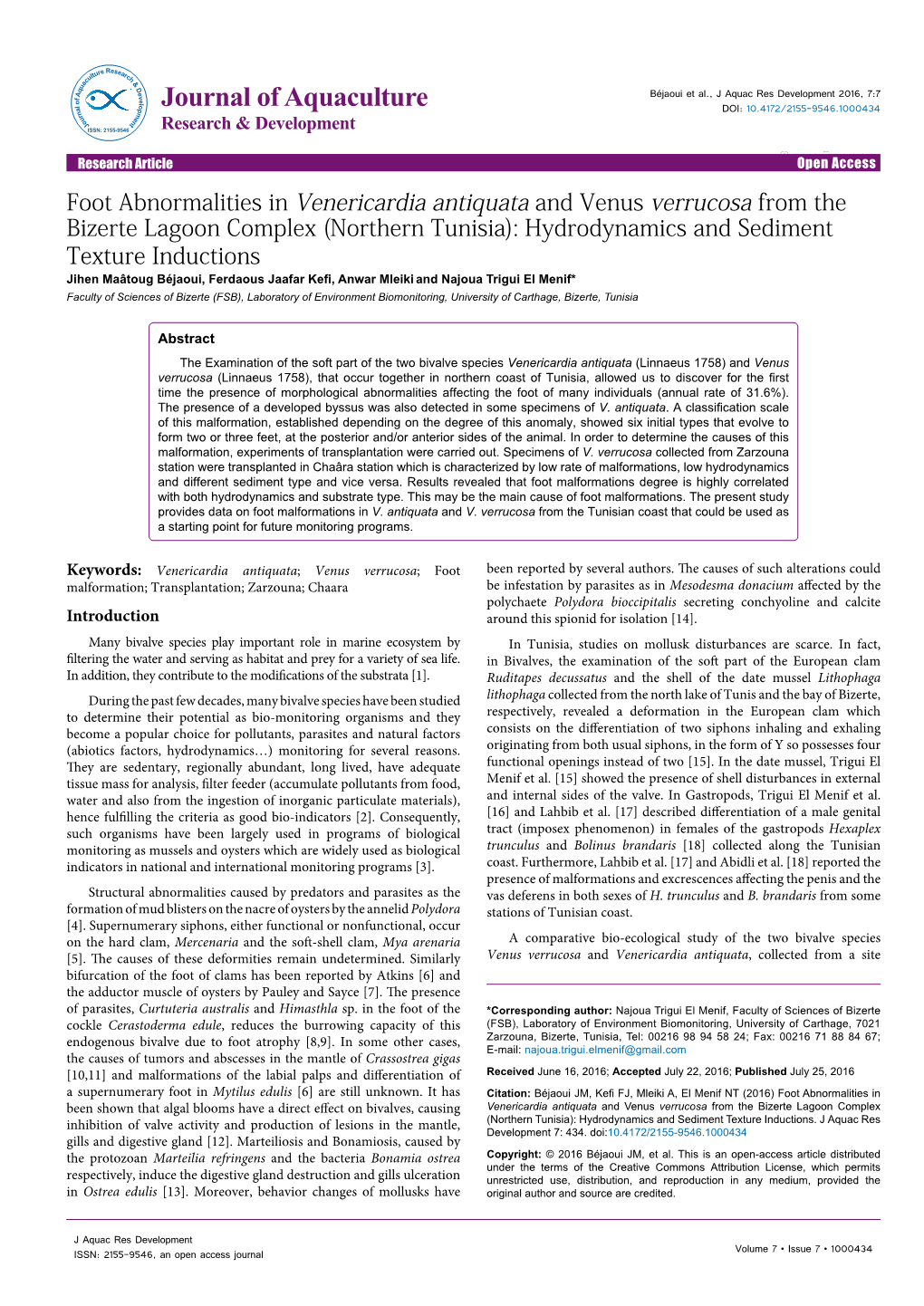 Foot Abnormalities in Venericardia Antiquata and Venus Verrucosa from the Bizerte Lagoon Complex