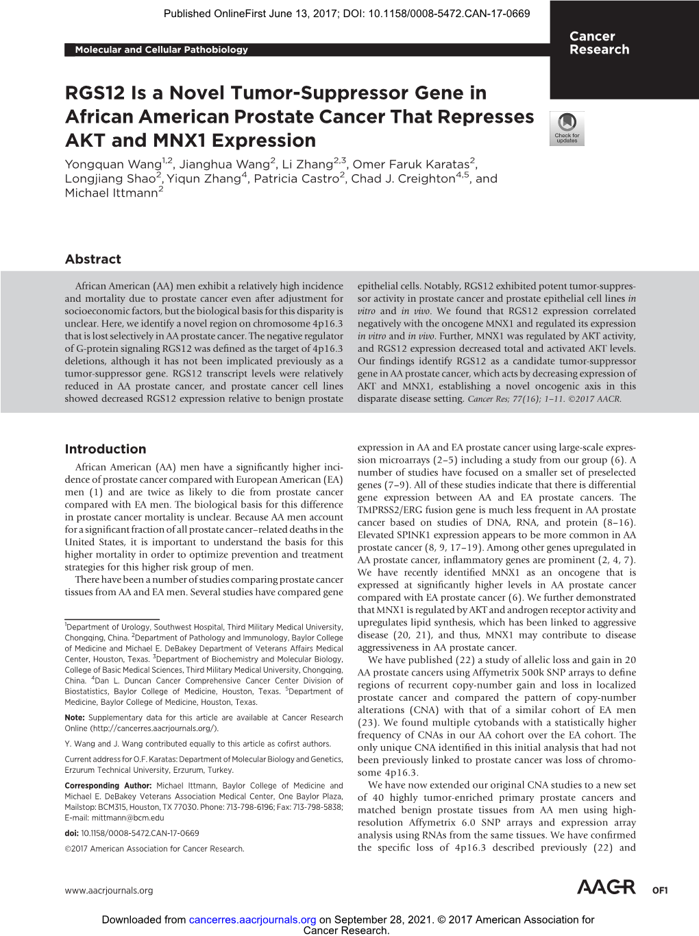 RGS12 Is a Novel Tumor-Suppressor Gene in African American Prostate