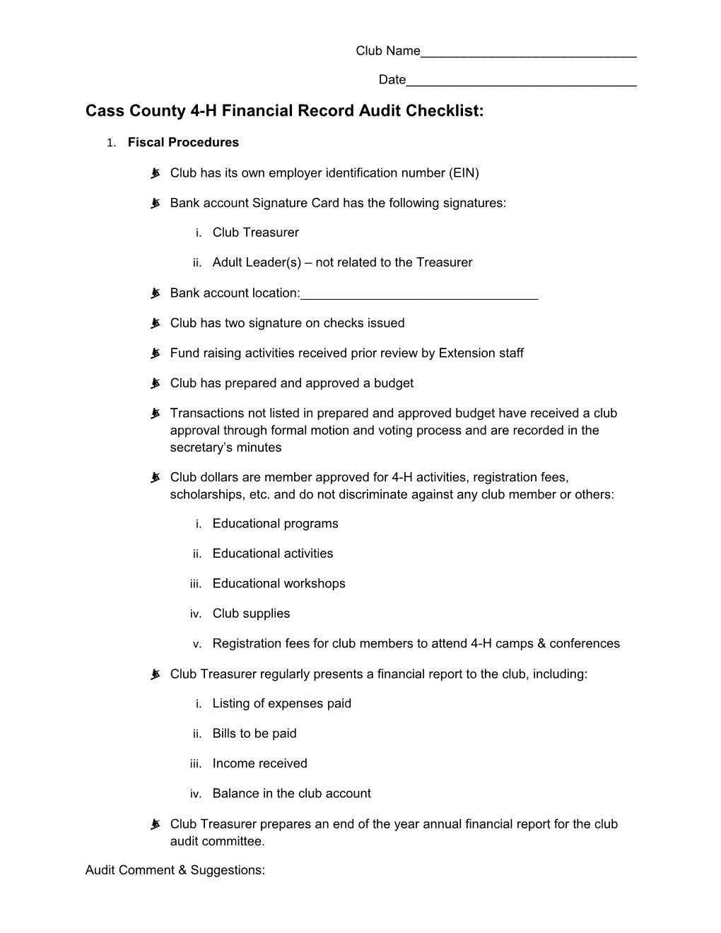 Cass County 4-H Financial Record Audit Checklist