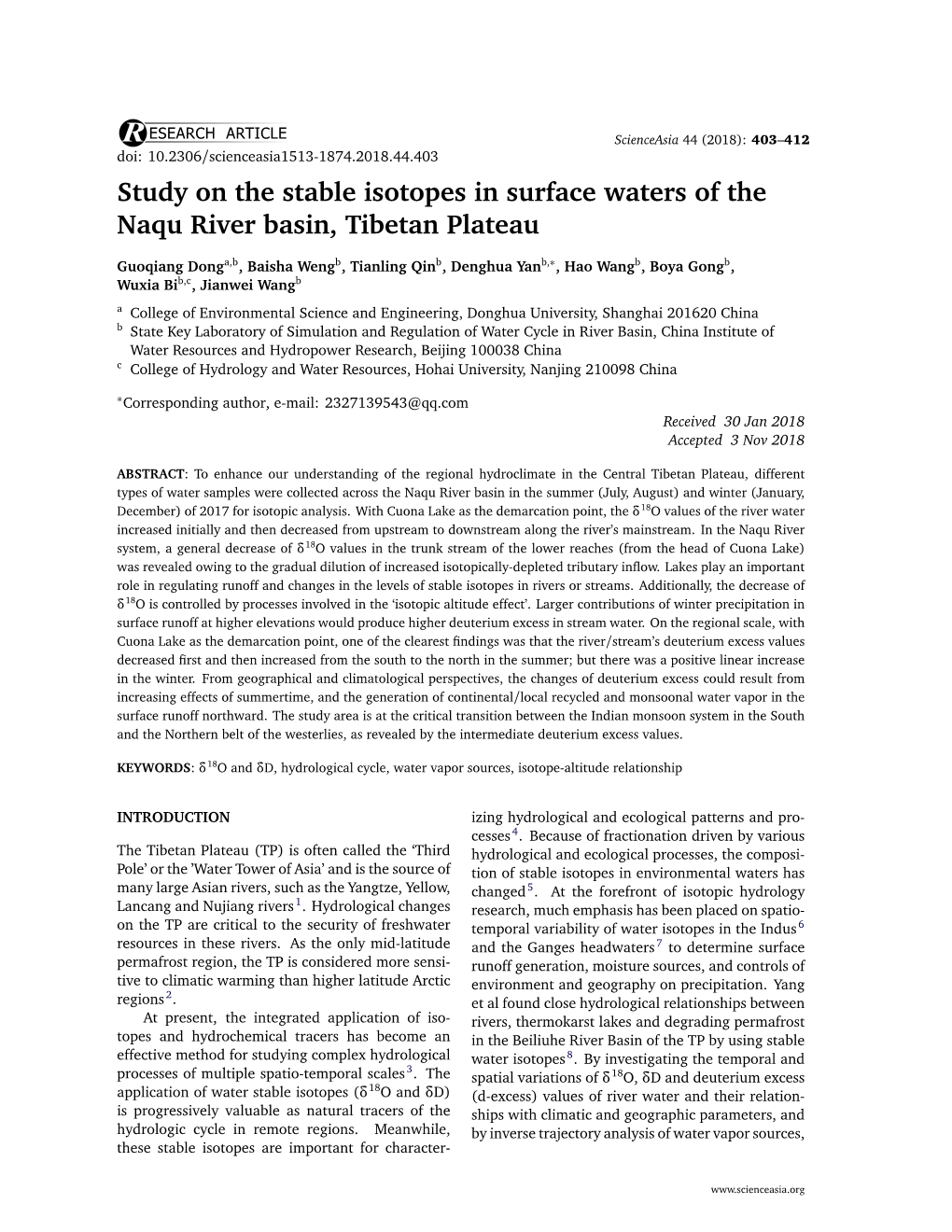 Study on the Stable Isotopes in Surface Waters of the Naqu River Basin, Tibetan Plateau