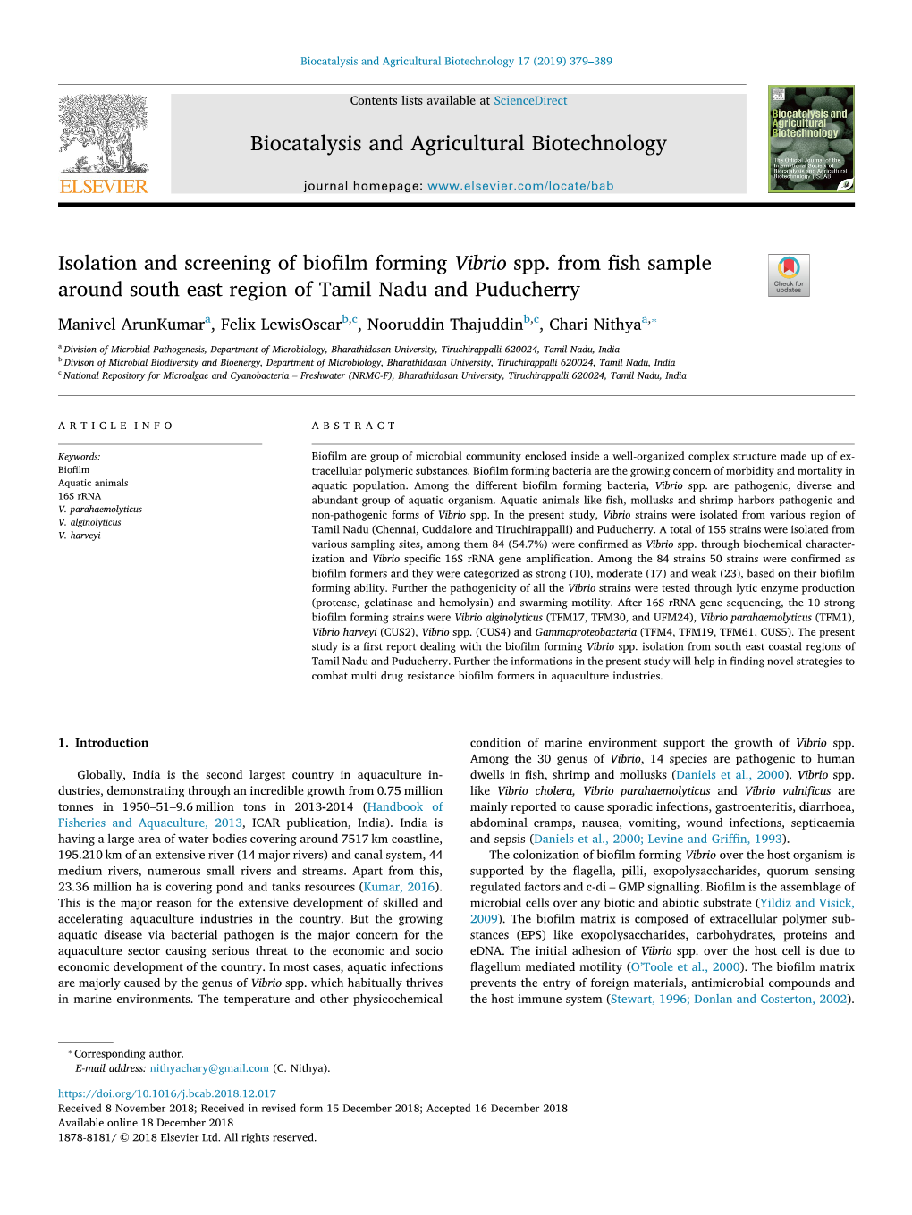 Isolation and Screening of Biofilm Forming Vibrio Spp. from Fish Sample Around South East Region of Tamil Nadu and Puducherry