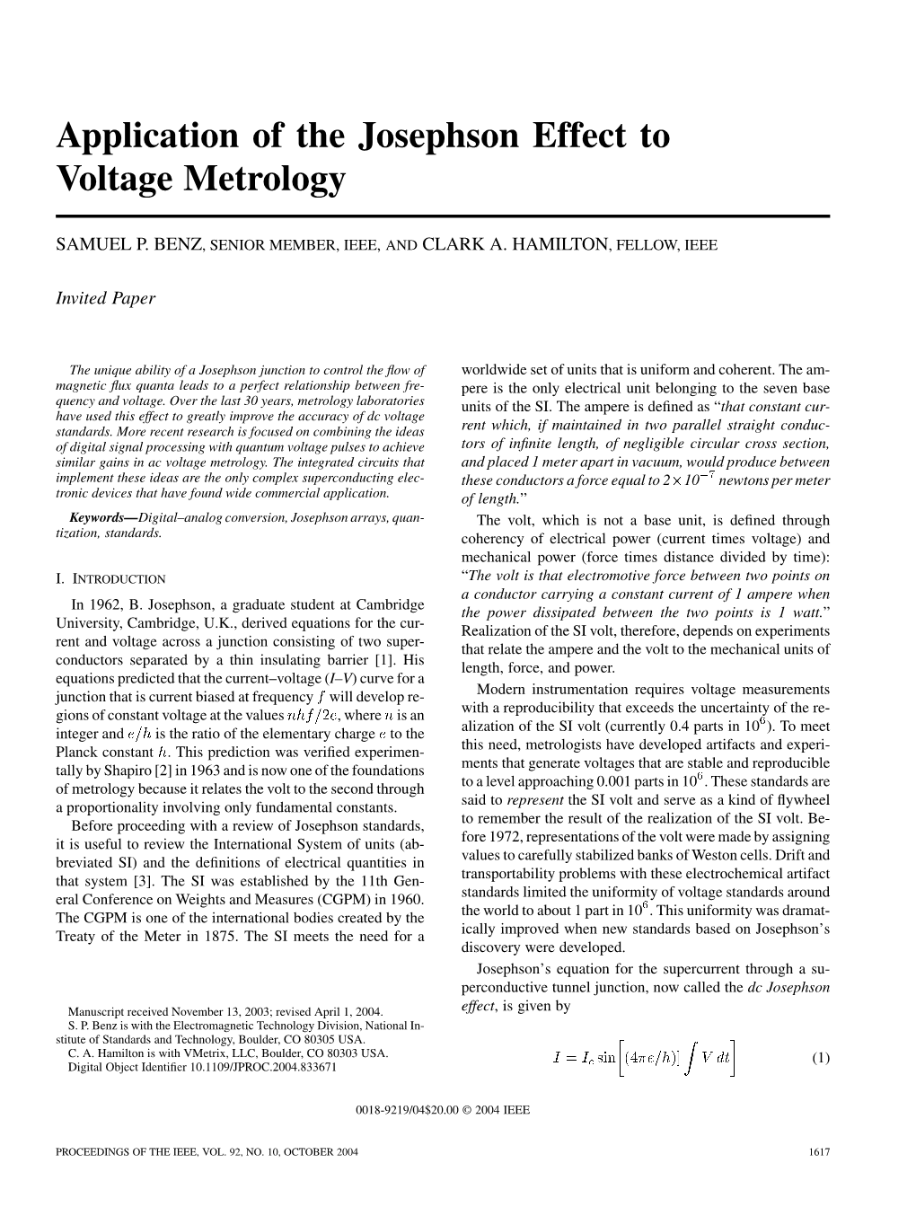 Application of the Josephson Effect to Voltage Metrology