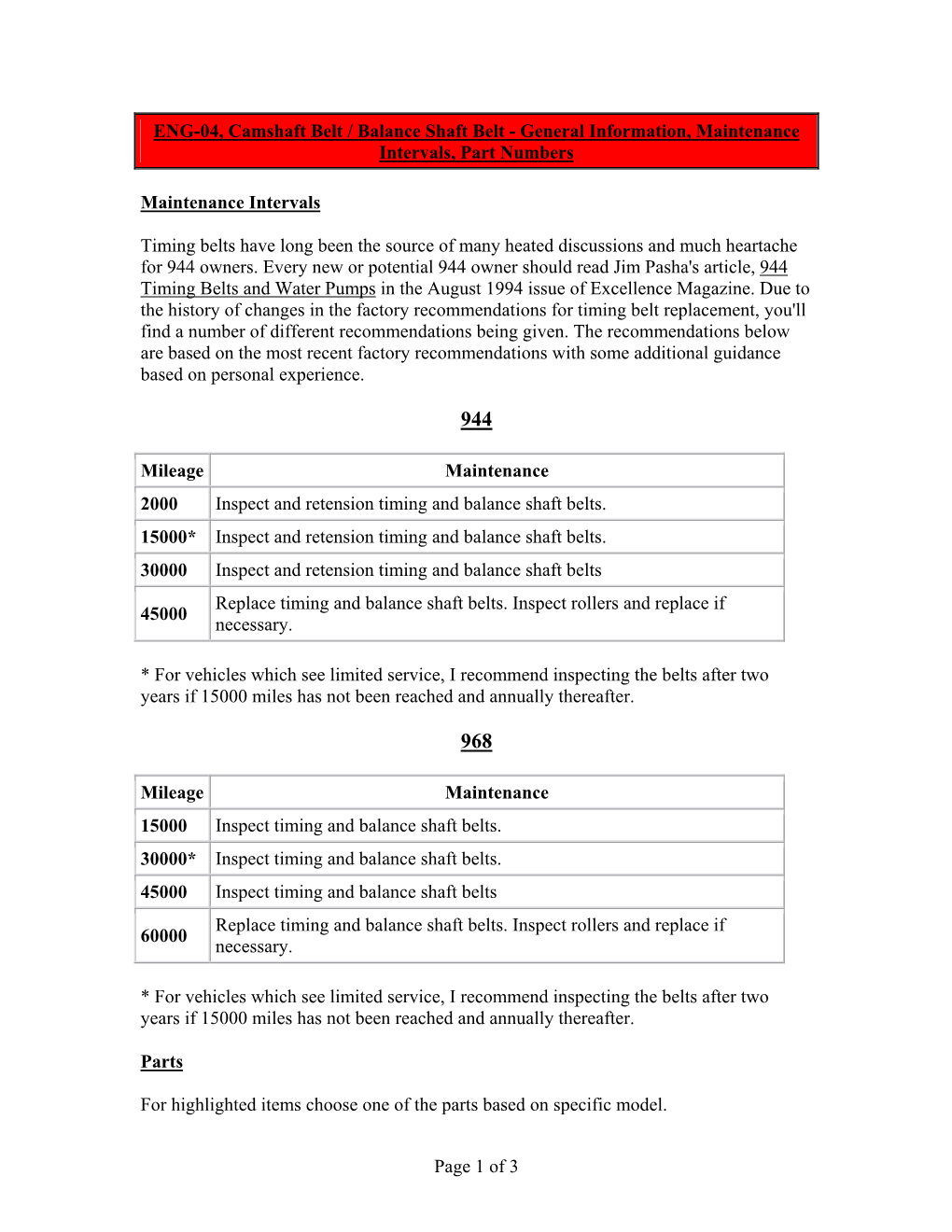 Camshaft / Balance Shaft Belt Information