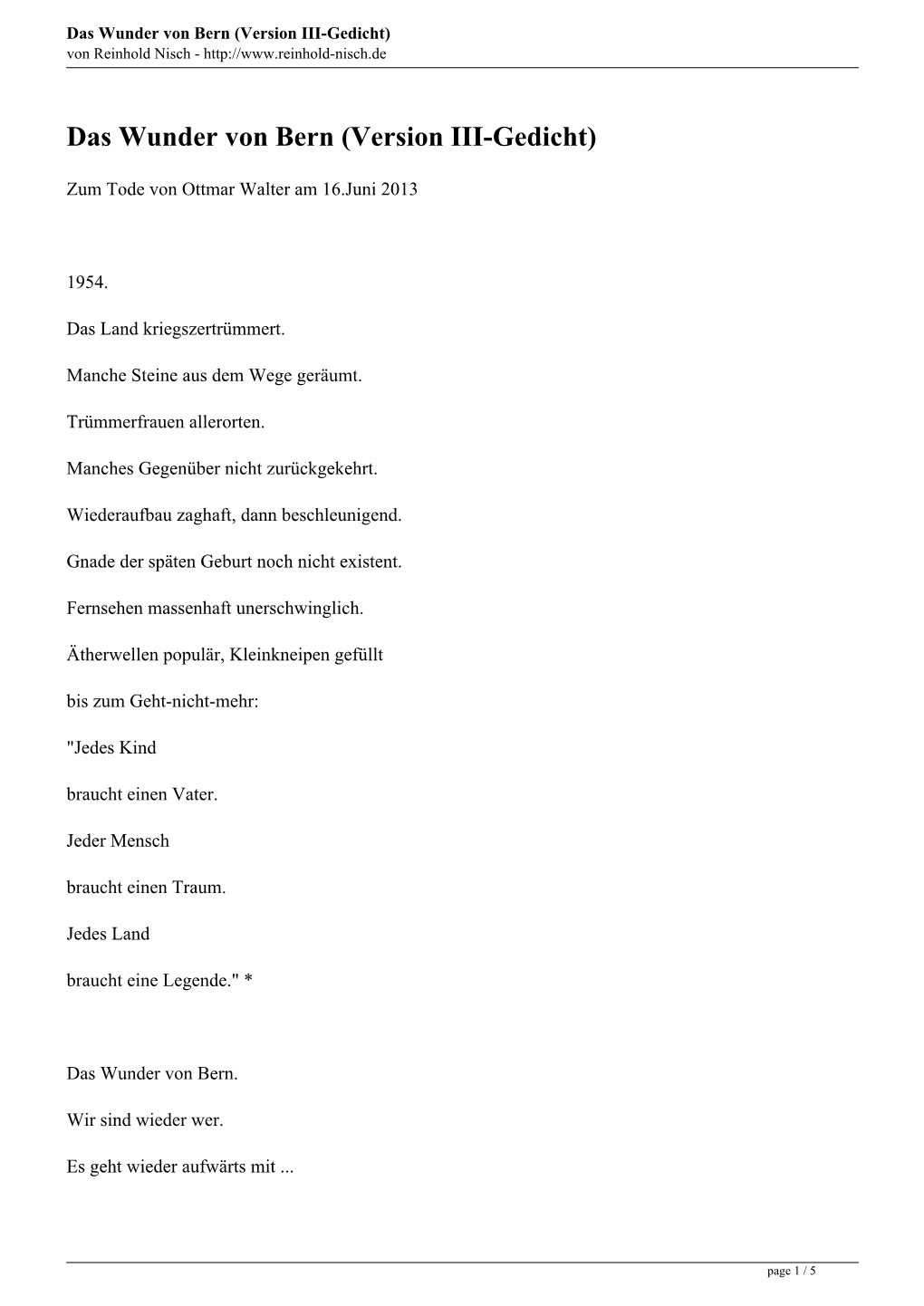 Das Wunder Von Bern (Version III-Gedicht) Von Reinhold Nisch