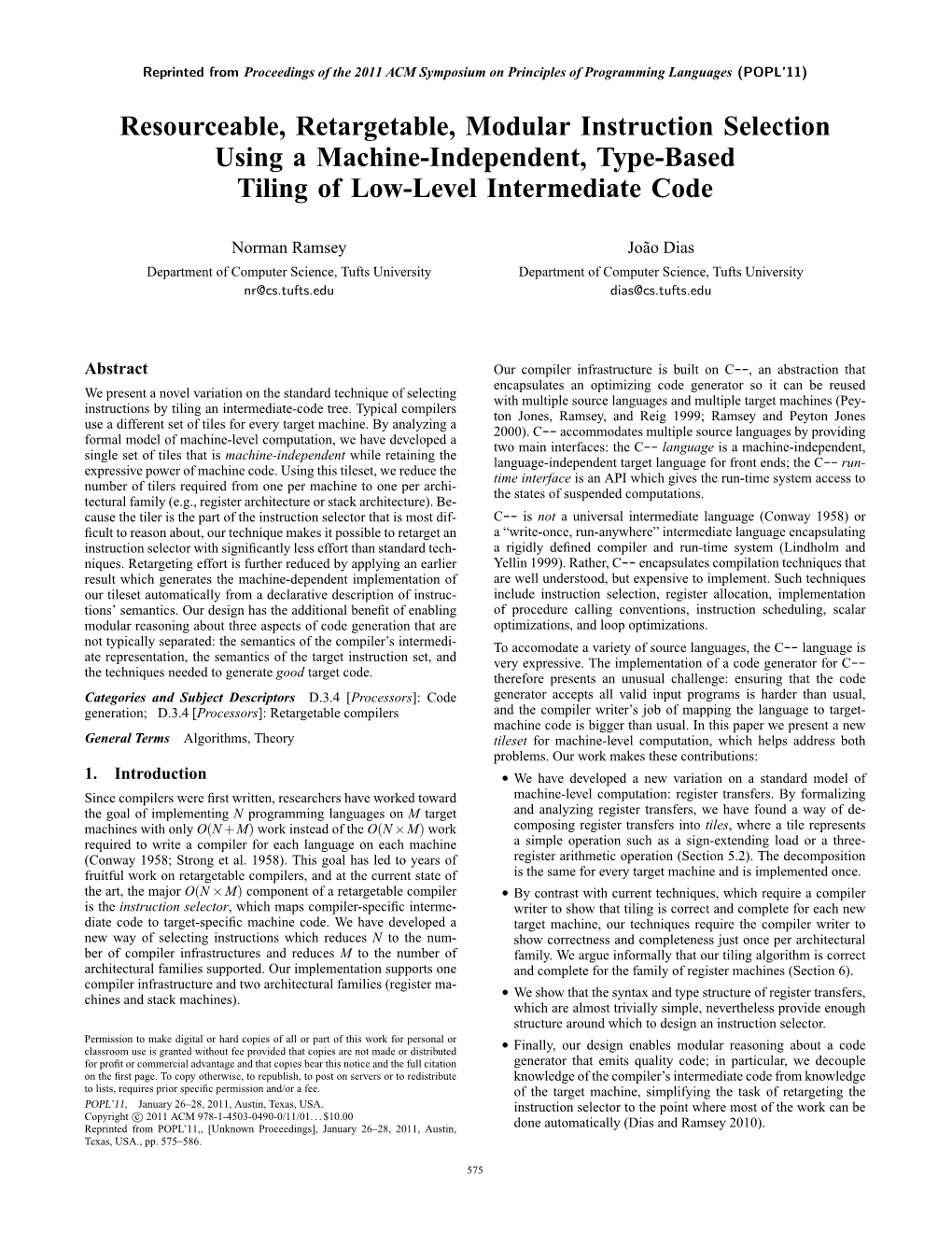 Resourceable, Retargetable, Modular Instruction Selection Using a Machine-Independent, Type-Based Tiling of Low-Level Intermediate Code